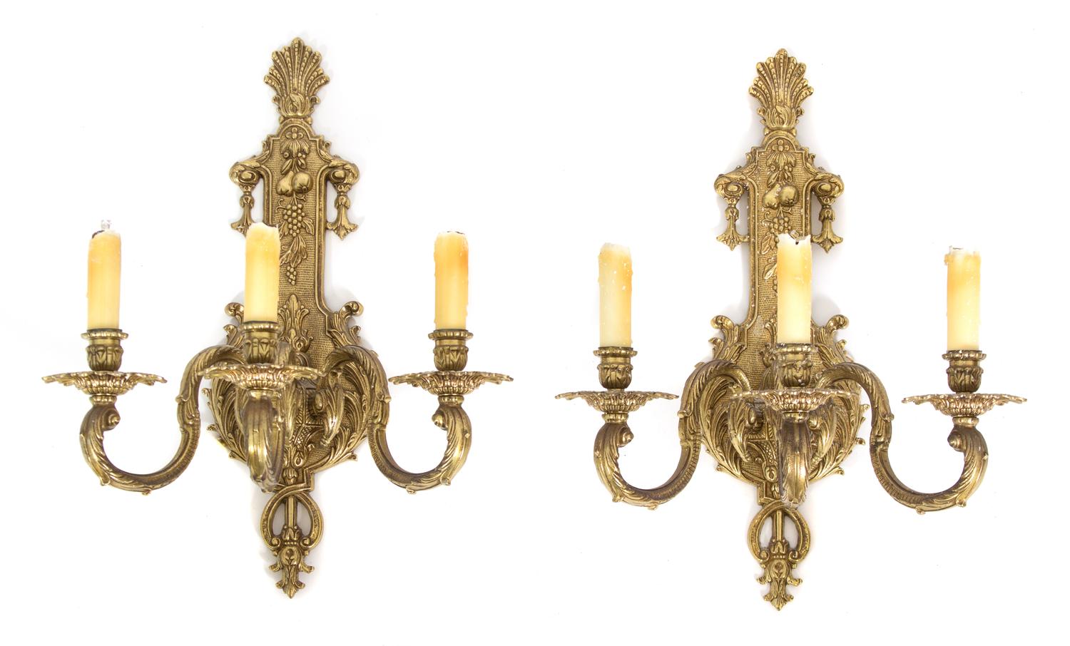 A Pair of Louis XV Style Gilt Bronze Three-Light Wall Sconces Height 18 x width 14 x depth 10 inches. — 20TH CENTURY