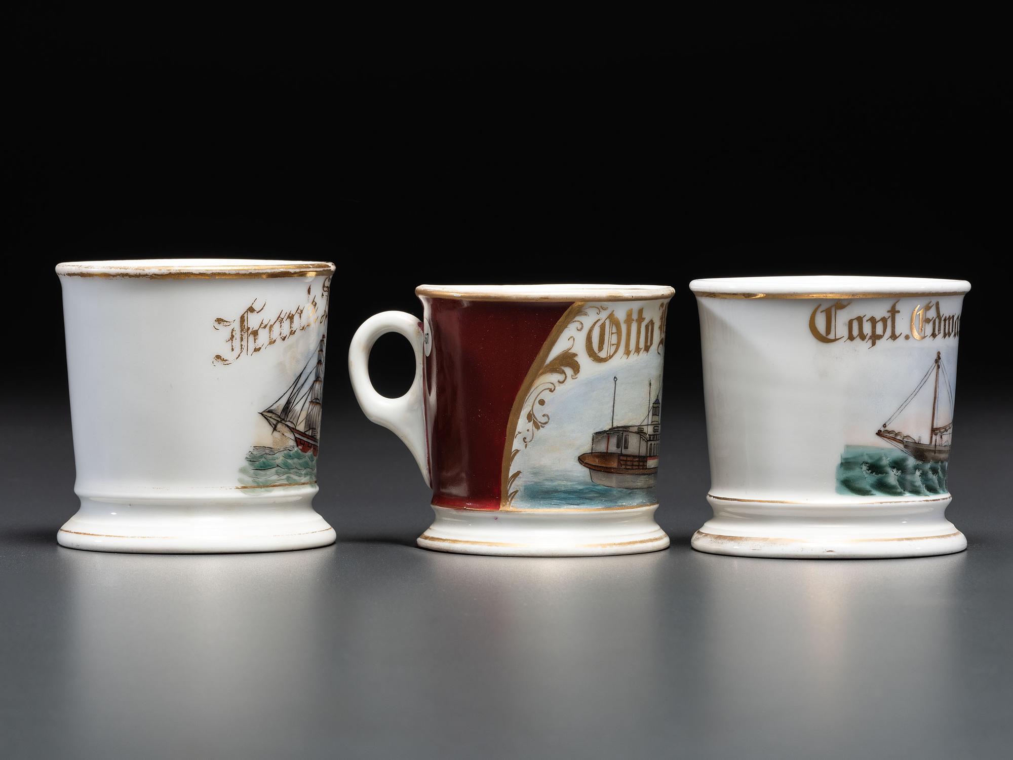 Three Boat Captain's Porcelain Occupational Shaving Mugs