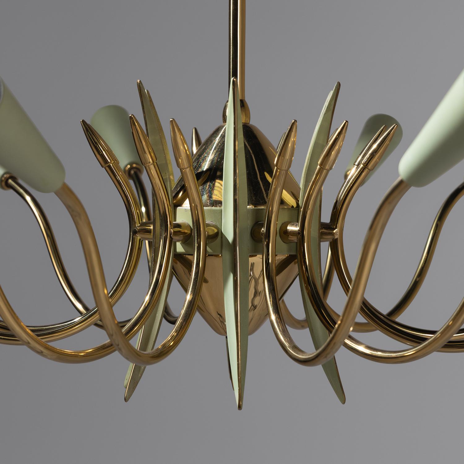 Italian Design Mid 20th Century — Brass and Enameled Twelve-Arm Chandelier, c. 1960