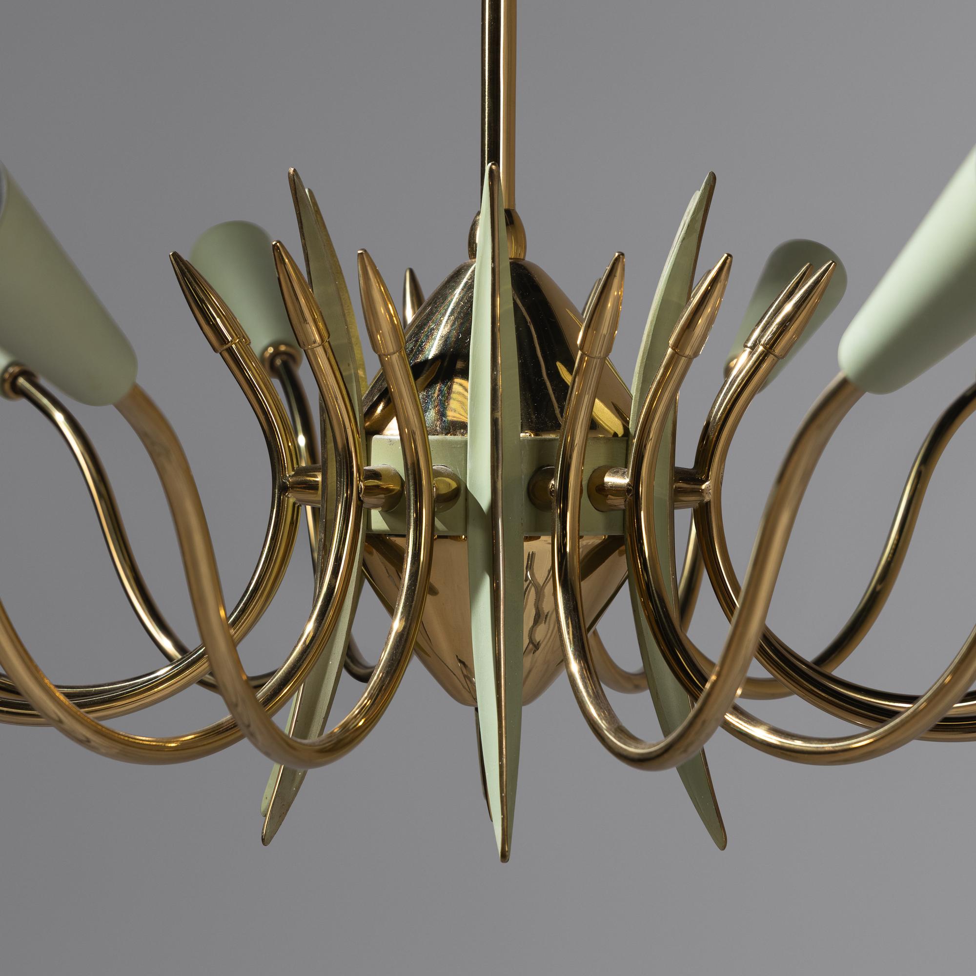 Italian Design Mid 20th Century — Brass and Enameled Twelve-Arm Chandelier, c. 1960