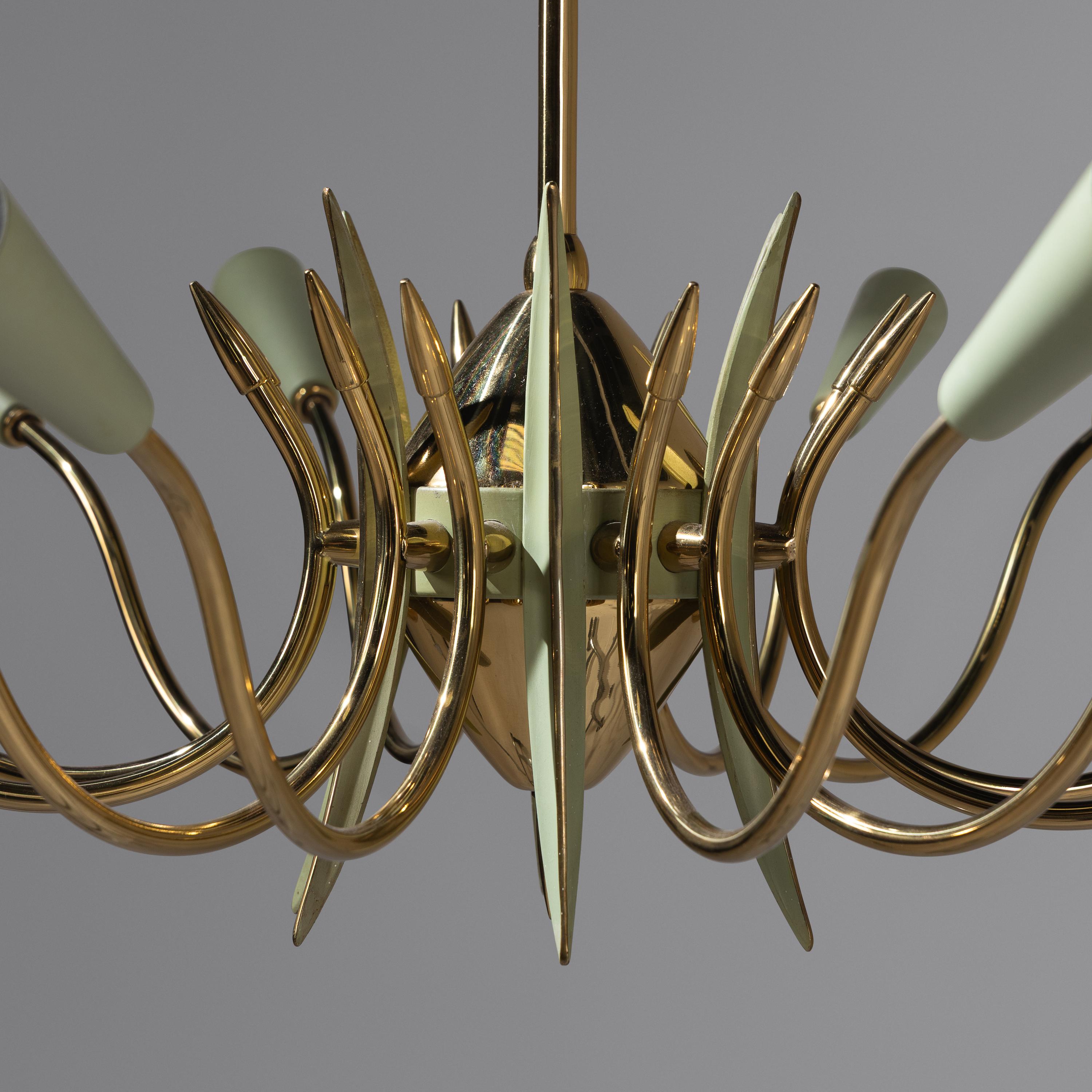 Italian Design Mid 20th Century — Brass and Enameled Twelve-Arm Chandelier, c. 1960