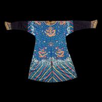 A Chinese Blue Ground Embroidered Silk 'Dragon' Robe, Jifu, 19th Century 清晚期 藍緞地綉云龍紋吉服