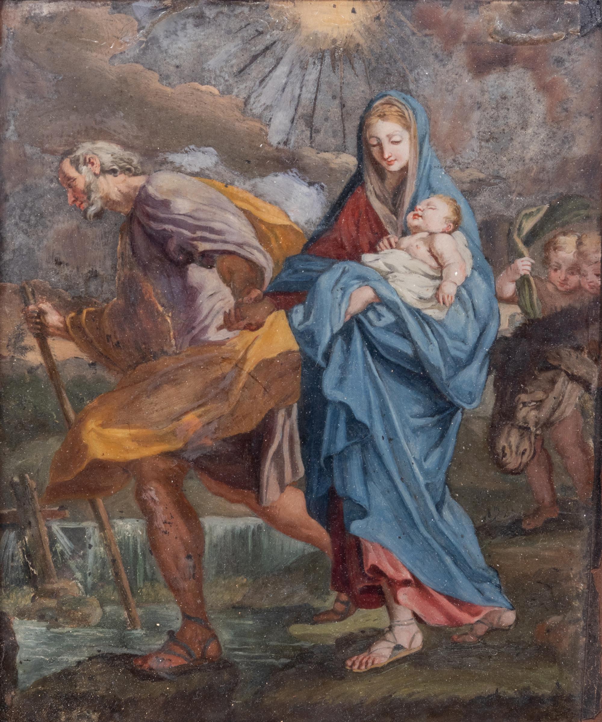 A Continental Reverse Painting on Glass Depicting the Holy Family's Flight into Egypt