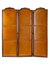 An English Mahogany and Tooled Leather Three-Panel Floor Screen