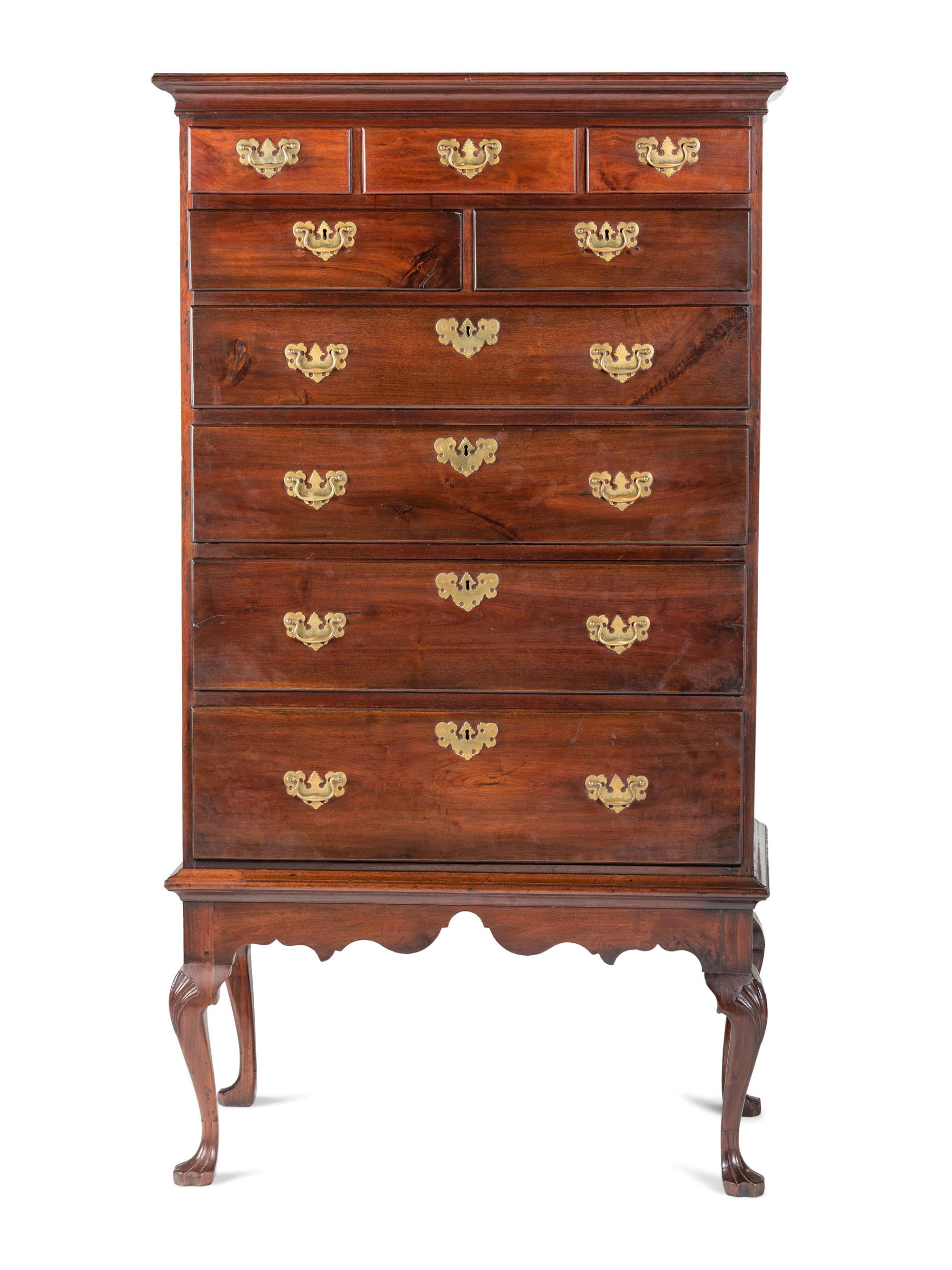 A Chippendale Walnut Shell Carved Flat-Top Chest on Stand