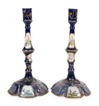 A Pair of Battersea Enamel Candlesticks