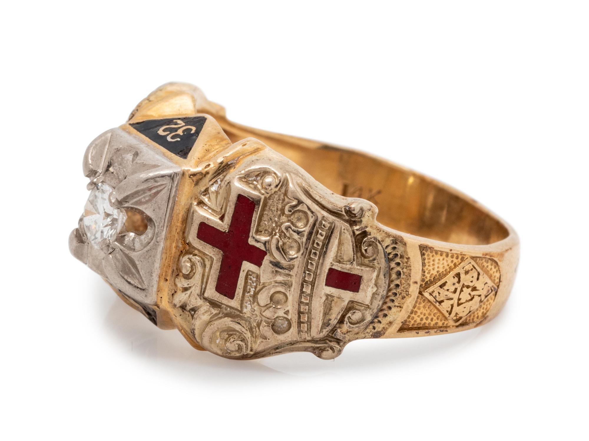 A 14 Karat Yellow Gold and Diamond Masonic Ring,