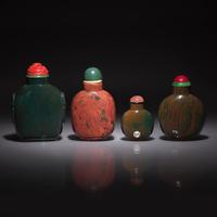 Three Chinese Bloodstone and a "Jasper" Glass Snuff Bottle (4), 18th-19th Century — 清中期 鷄血石及碧玉鼻烟壺四支
