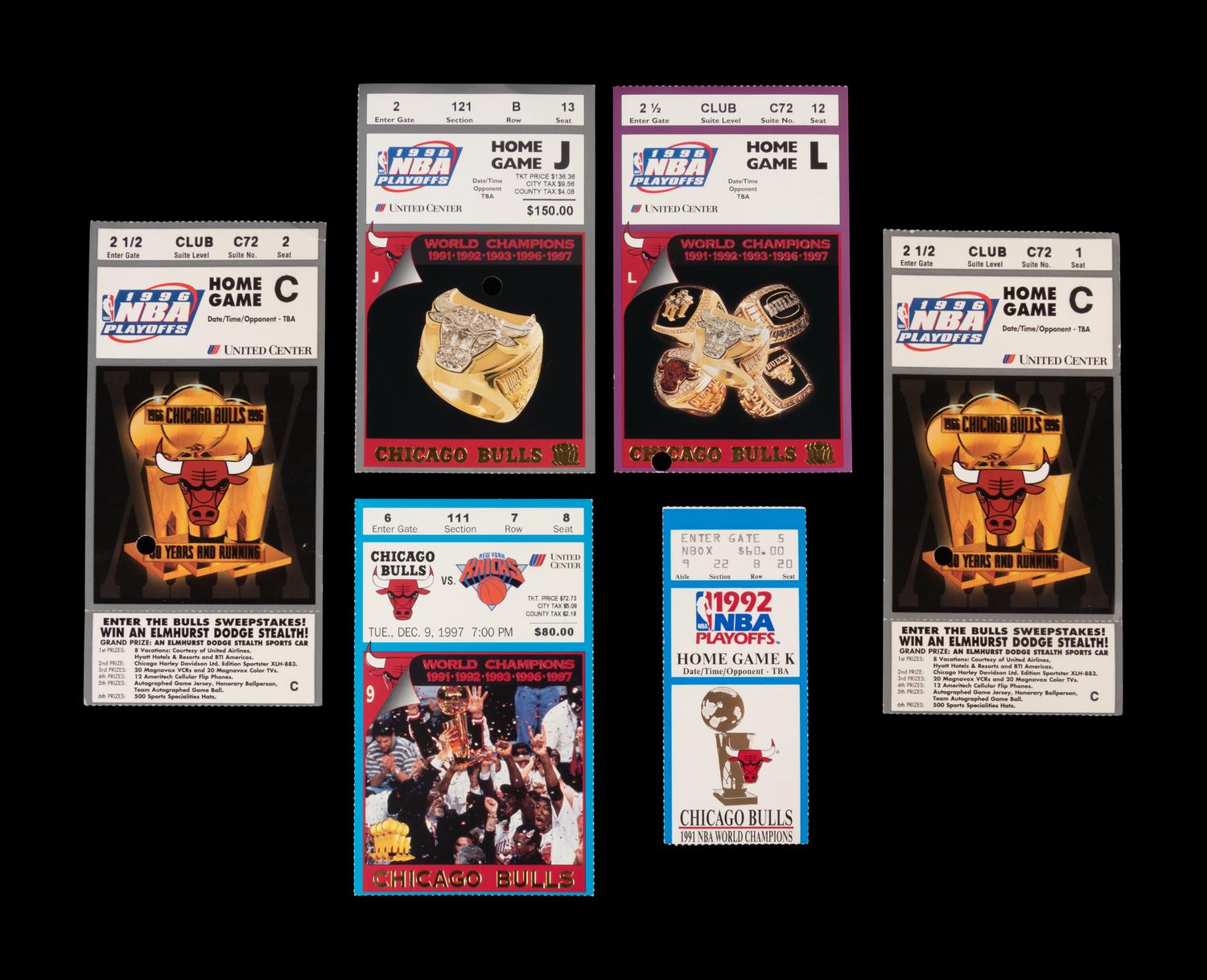 A Group of Six Michael Jordan Chicago Bulls Playoffs and NBA Finals "Last Dance" Era Ticket Stubs including "The Shrug" game from 1992 Finals,