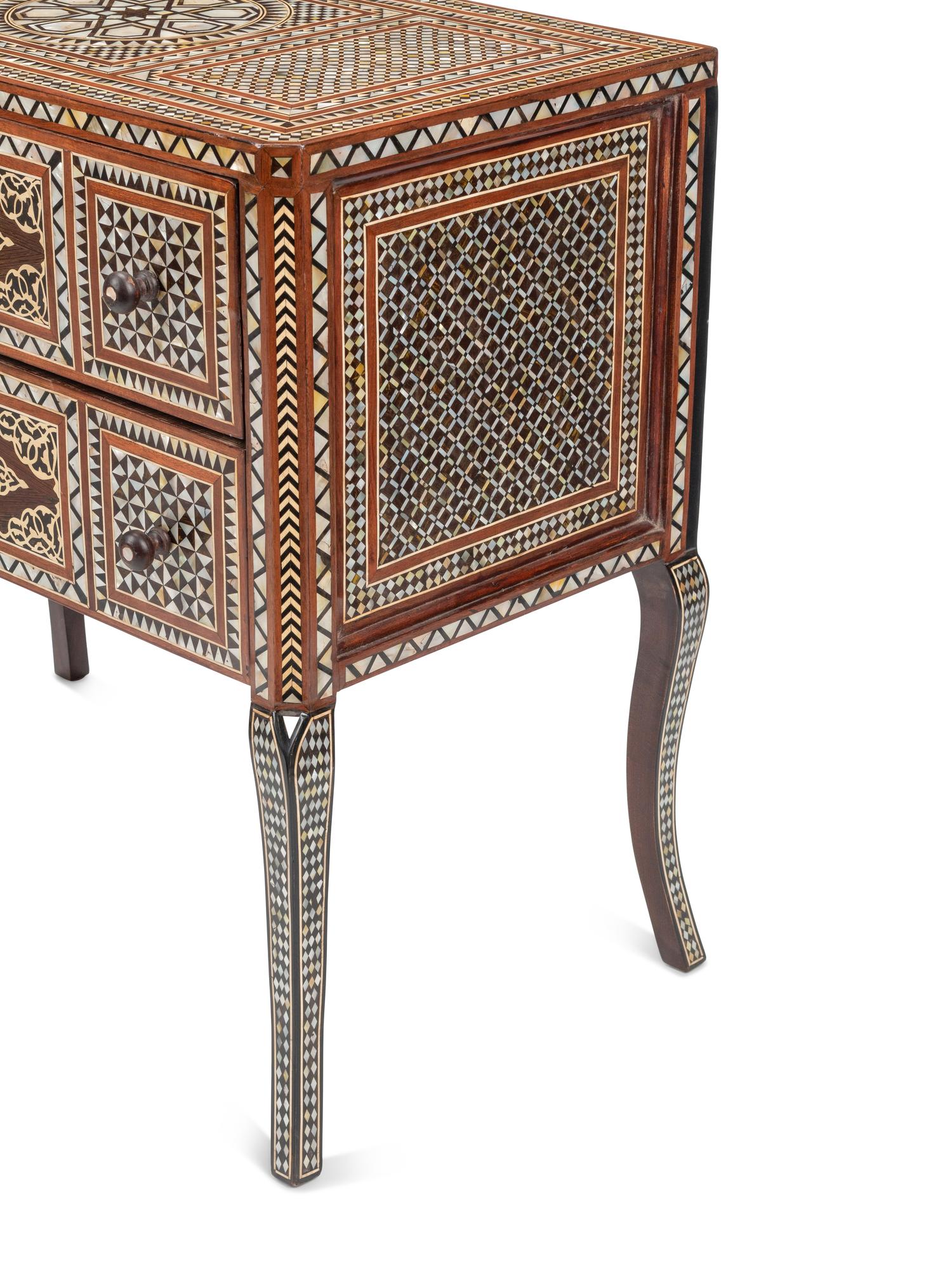 A Pair of Levantine Marquetry and Mother-of-Pearl Inlaid Two-Drawer Chests