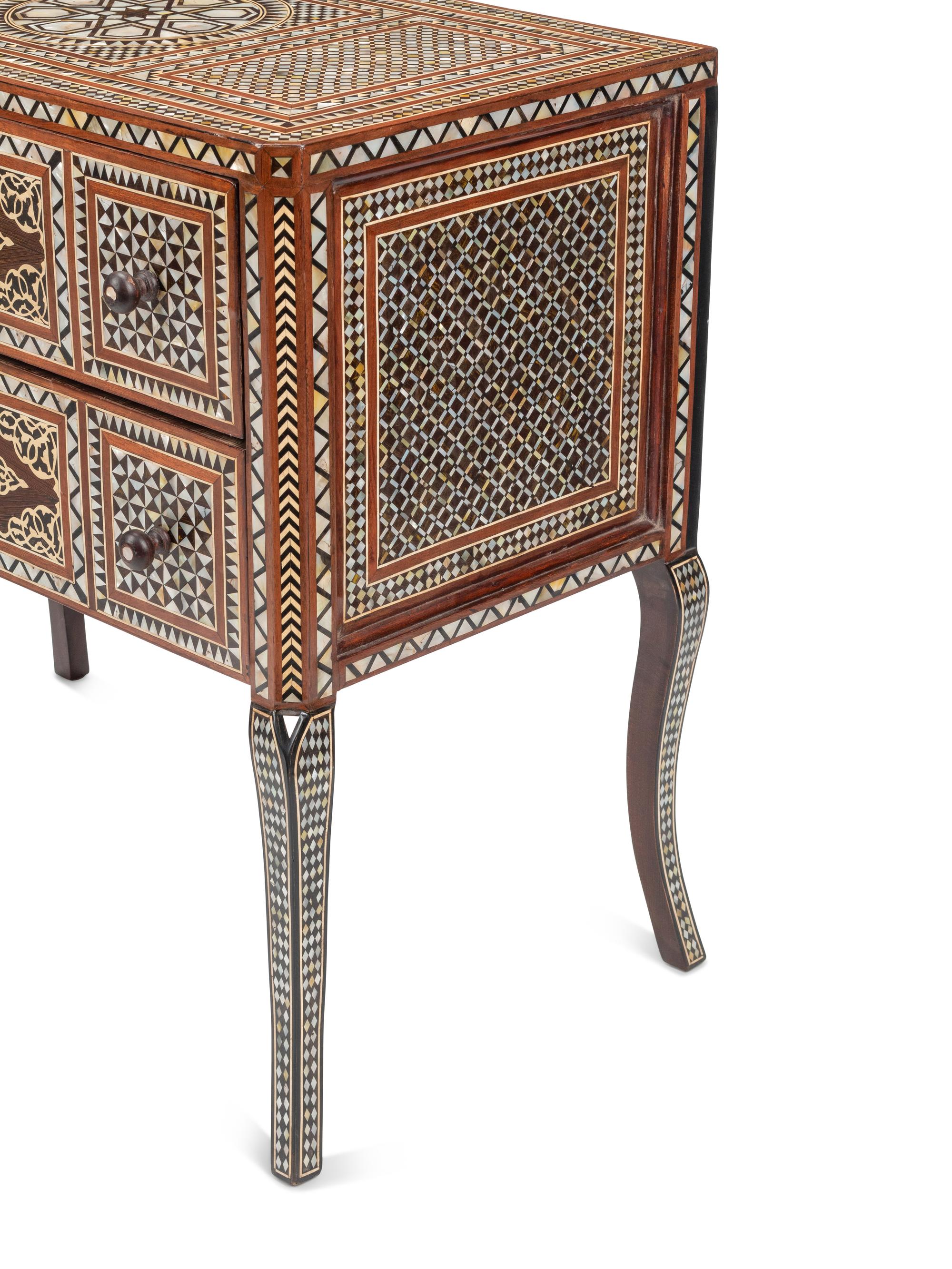 A Pair of Levantine Marquetry and Mother-of-Pearl Inlaid Two-Drawer Chests