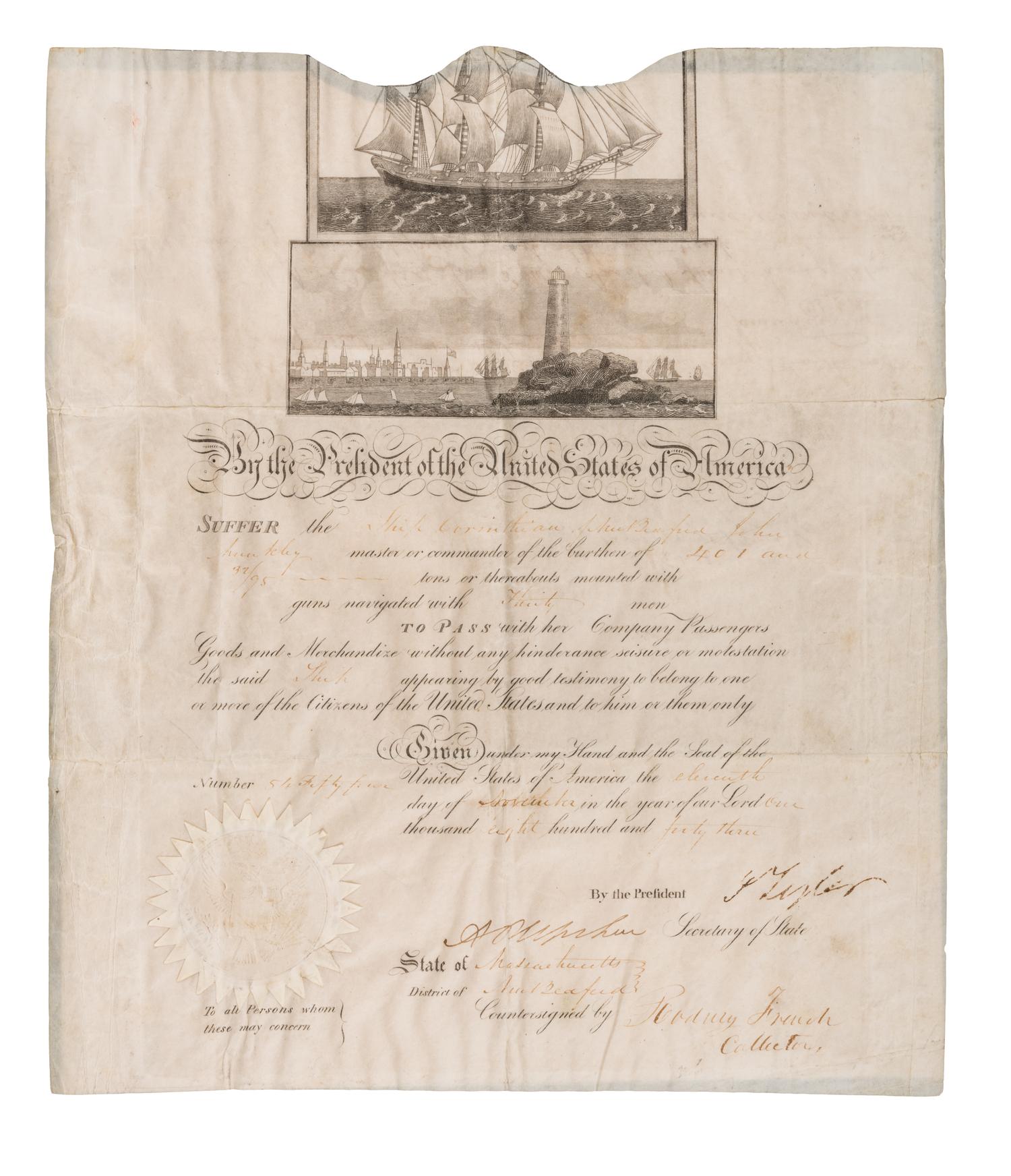 [SHIP’S PASSPORTS]. MONROE, James (1758-1831), Fifth U.S. President. Partially engraved document accomplished in manuscript, signed (“James Monroe"), as President and "Richard Rush" as acting Secretary of State, countersigned by "simon Theus Coll."[Washington], 16 July 1817.