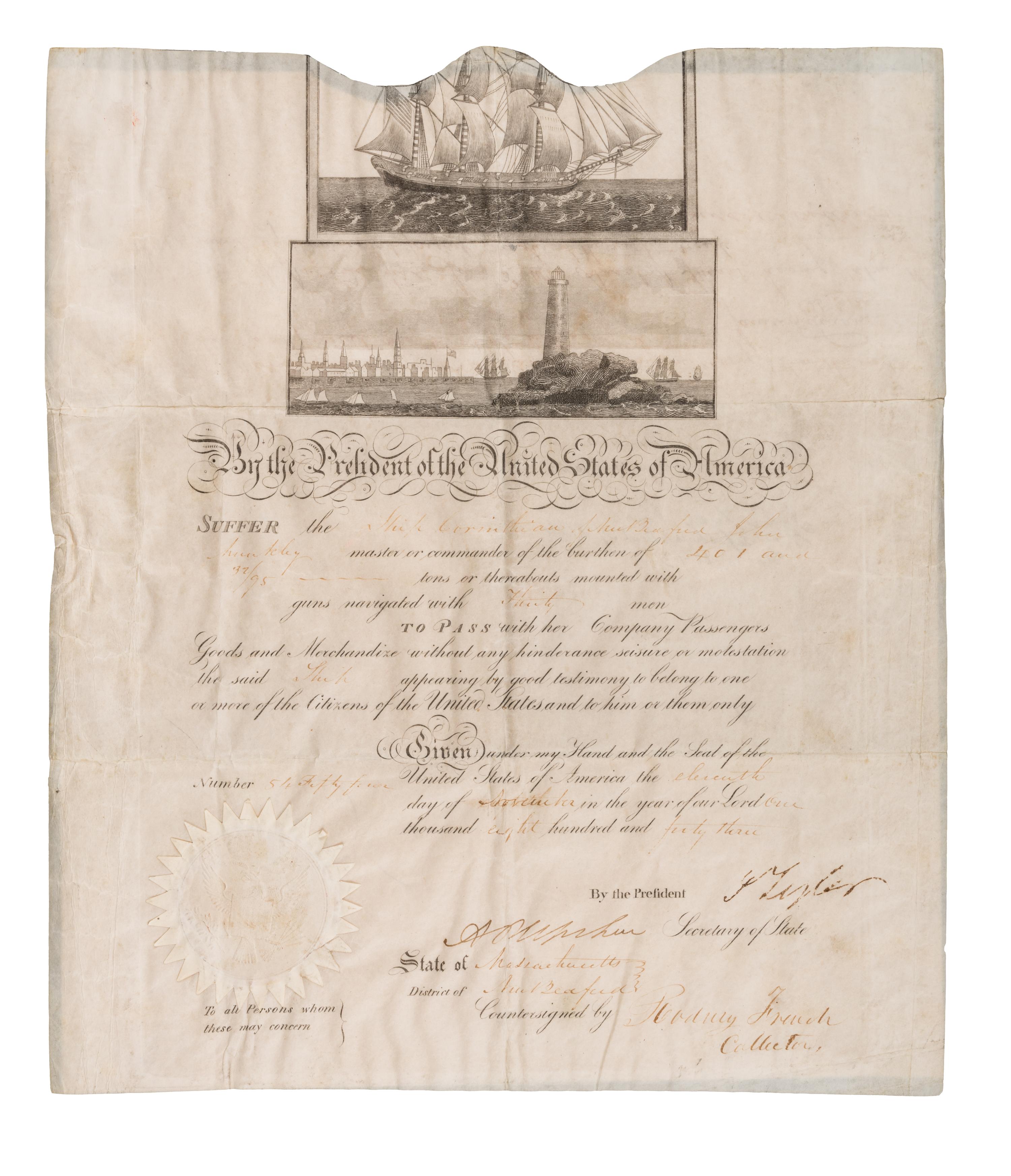 [SHIP’S PASSPORTS]. MONROE, James (1758-1831), Fifth U.S. President. Partially engraved document accomplished in manuscript, signed (“James Monroe"), as President and "Richard Rush" as acting Secretary of State, countersigned by "simon Theus Coll."[Washington], 16 July 1817.