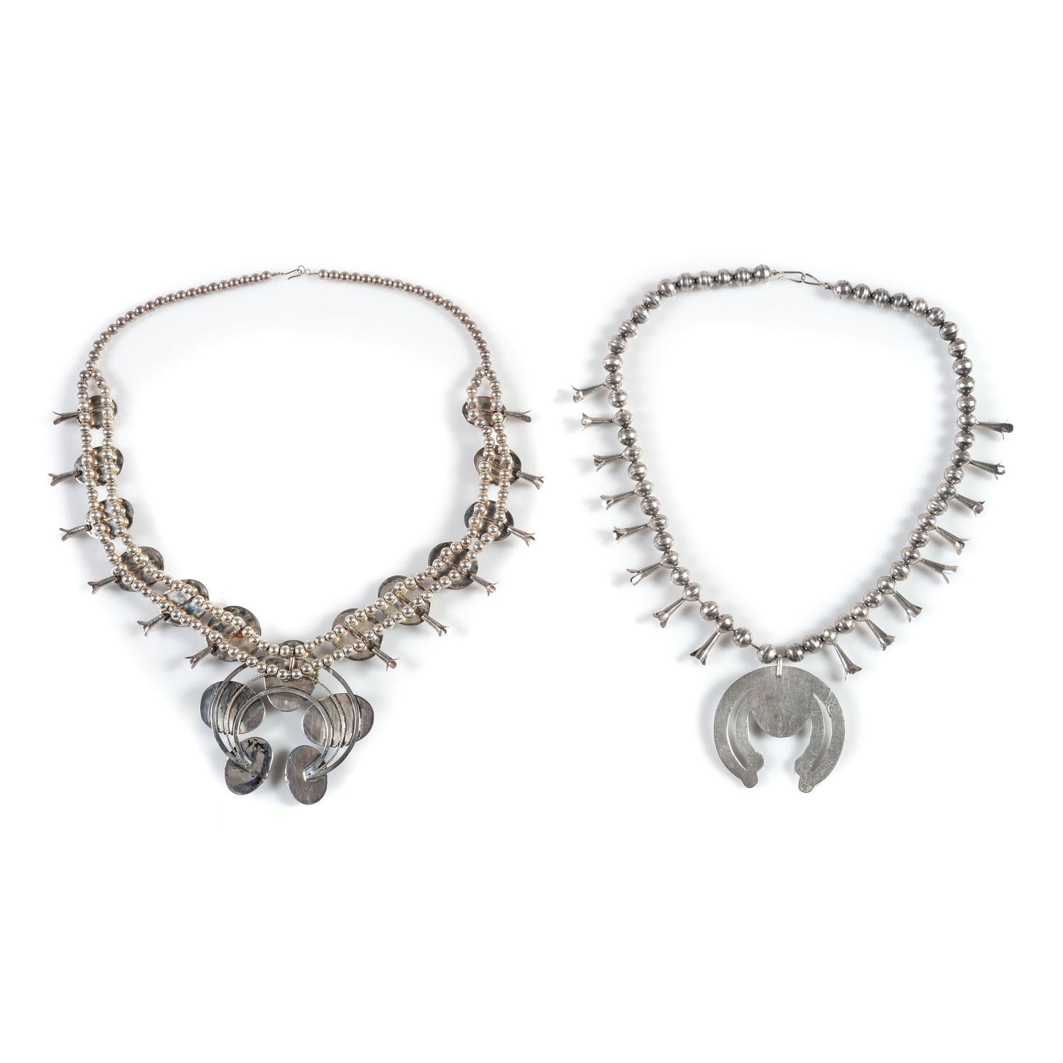 Pair of Navajo Silver and Turquoise Squash Blossom Necklaces