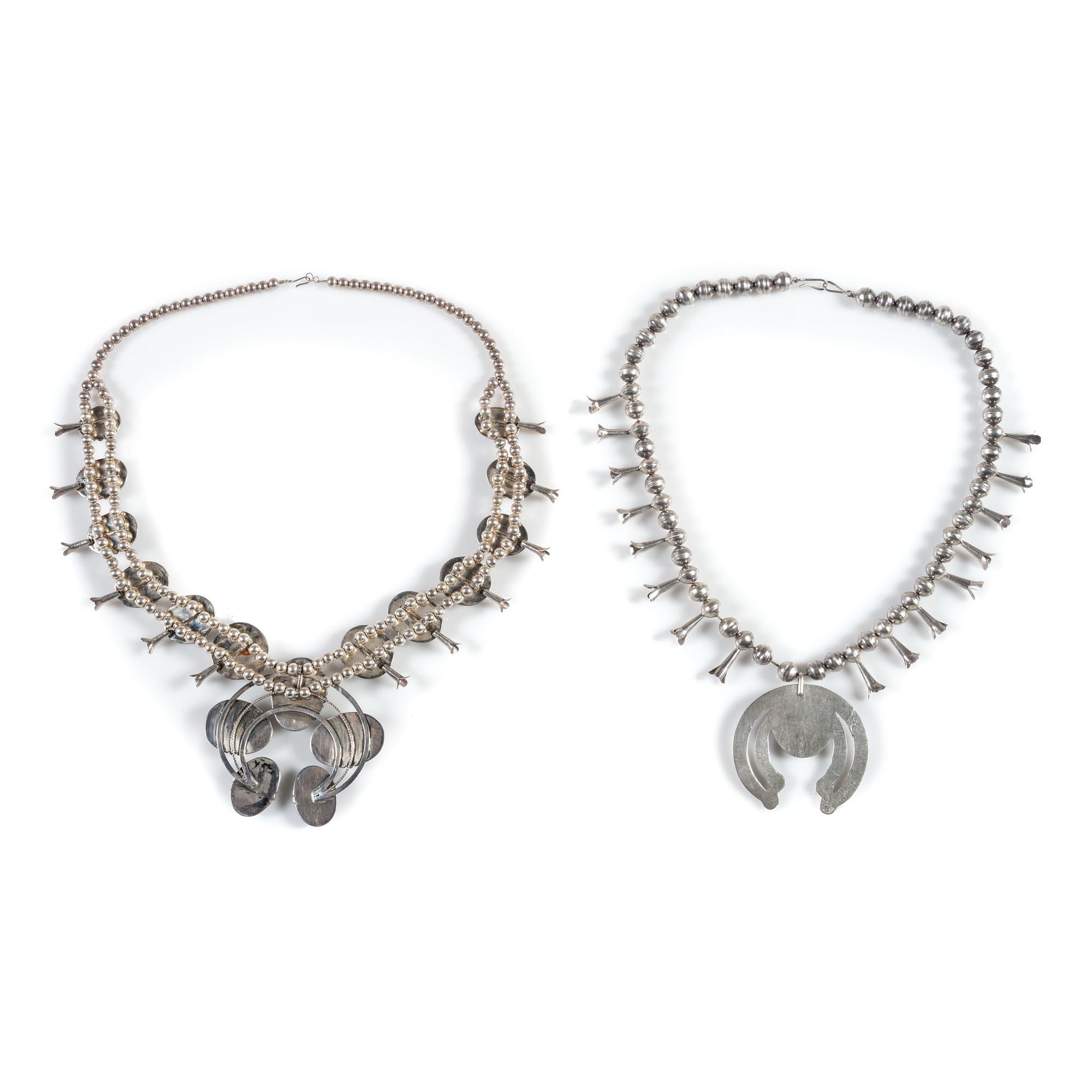 Pair of Navajo Silver and Turquoise Squash Blossom Necklaces