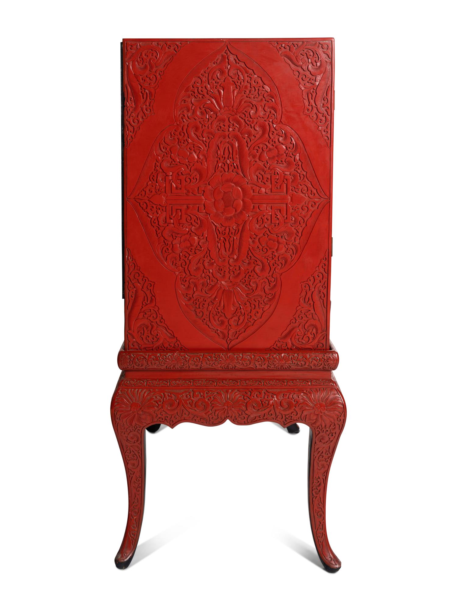 A Large Chinese Cinnabar Lacquer Chest on Stand