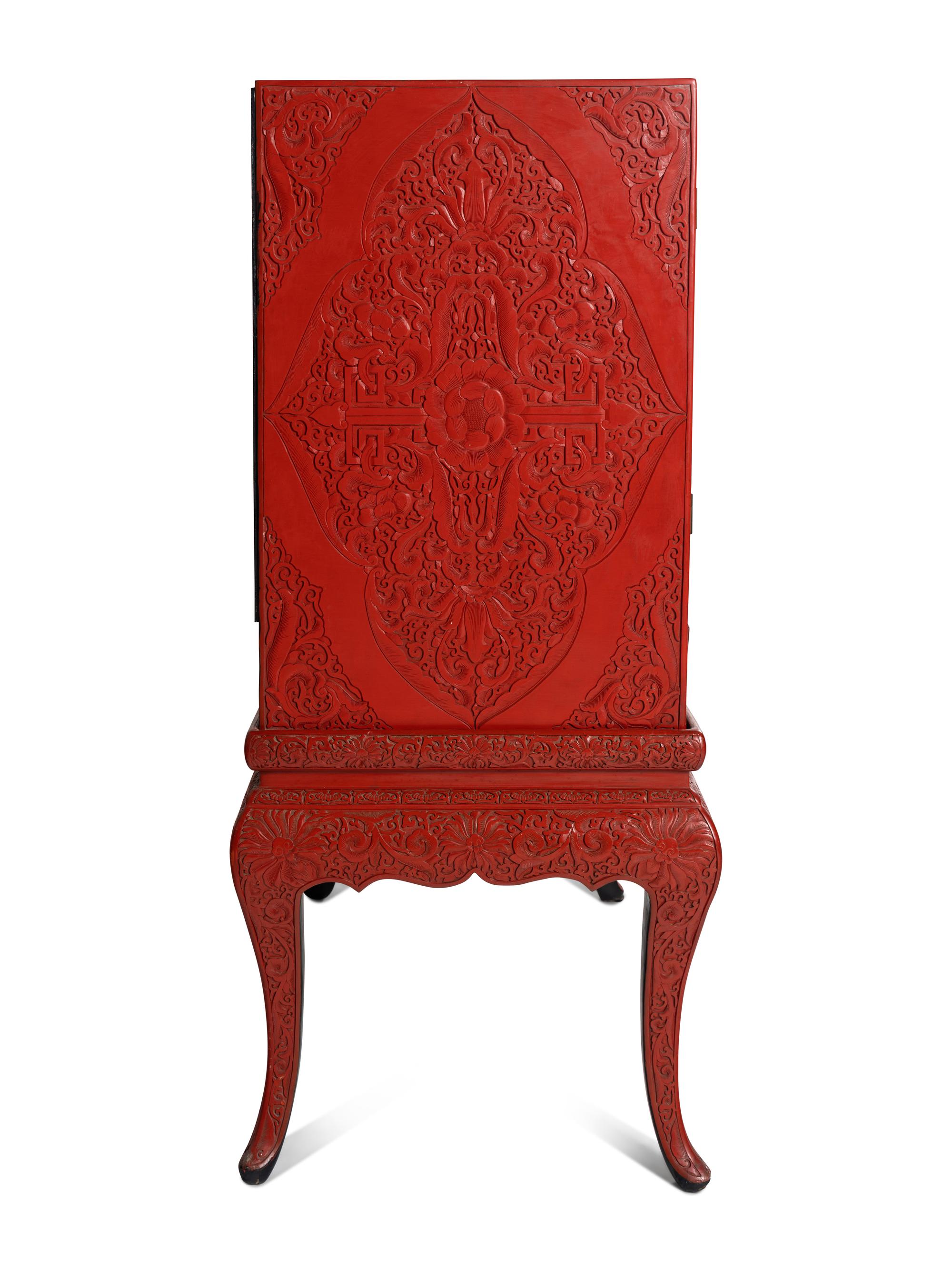 A Large Chinese Cinnabar Lacquer Chest on Stand