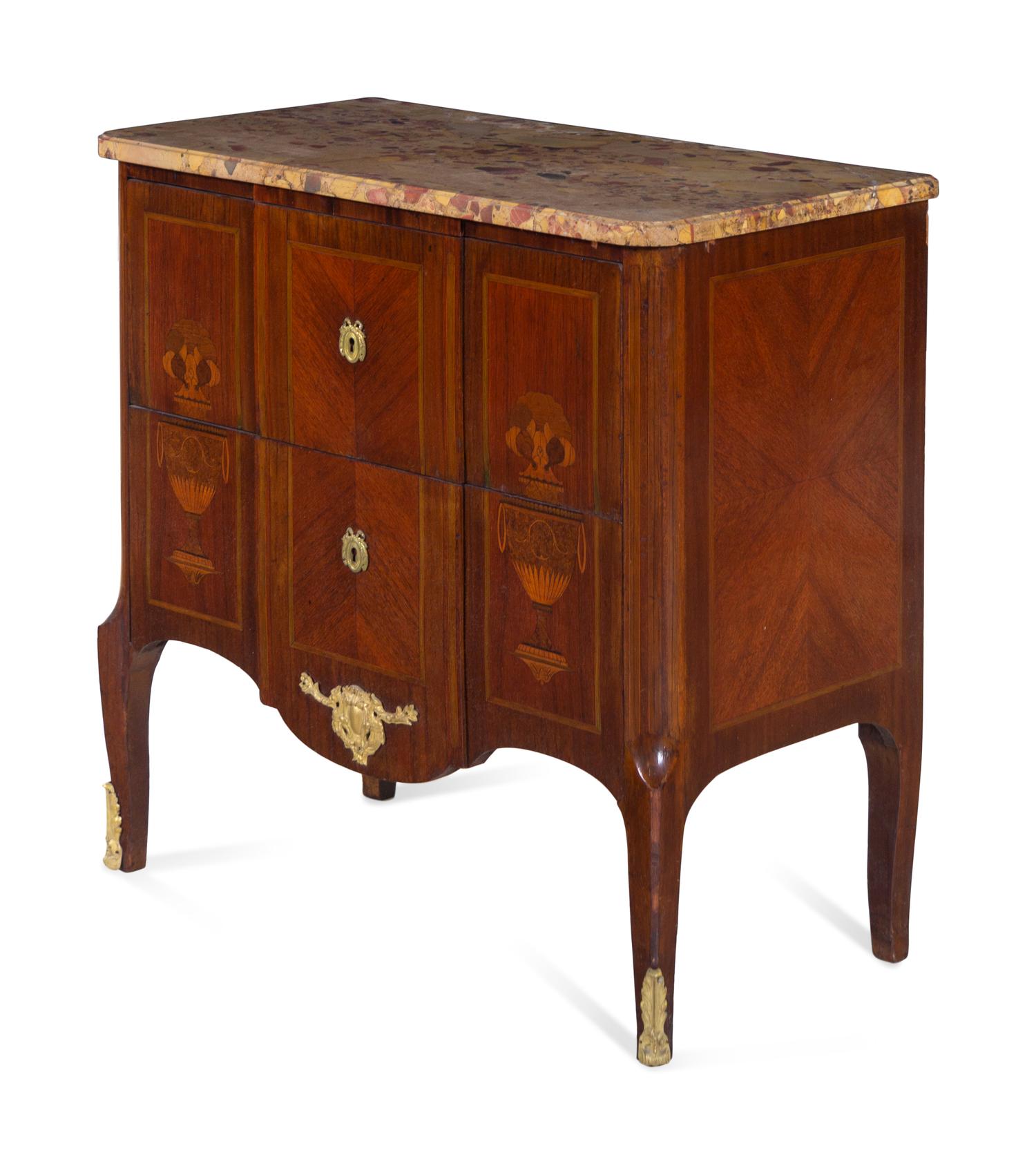 A Louis XV/XVI Transitional Style Sans Traverse Marquetry Brèche d'Alep Marble-Top Commode