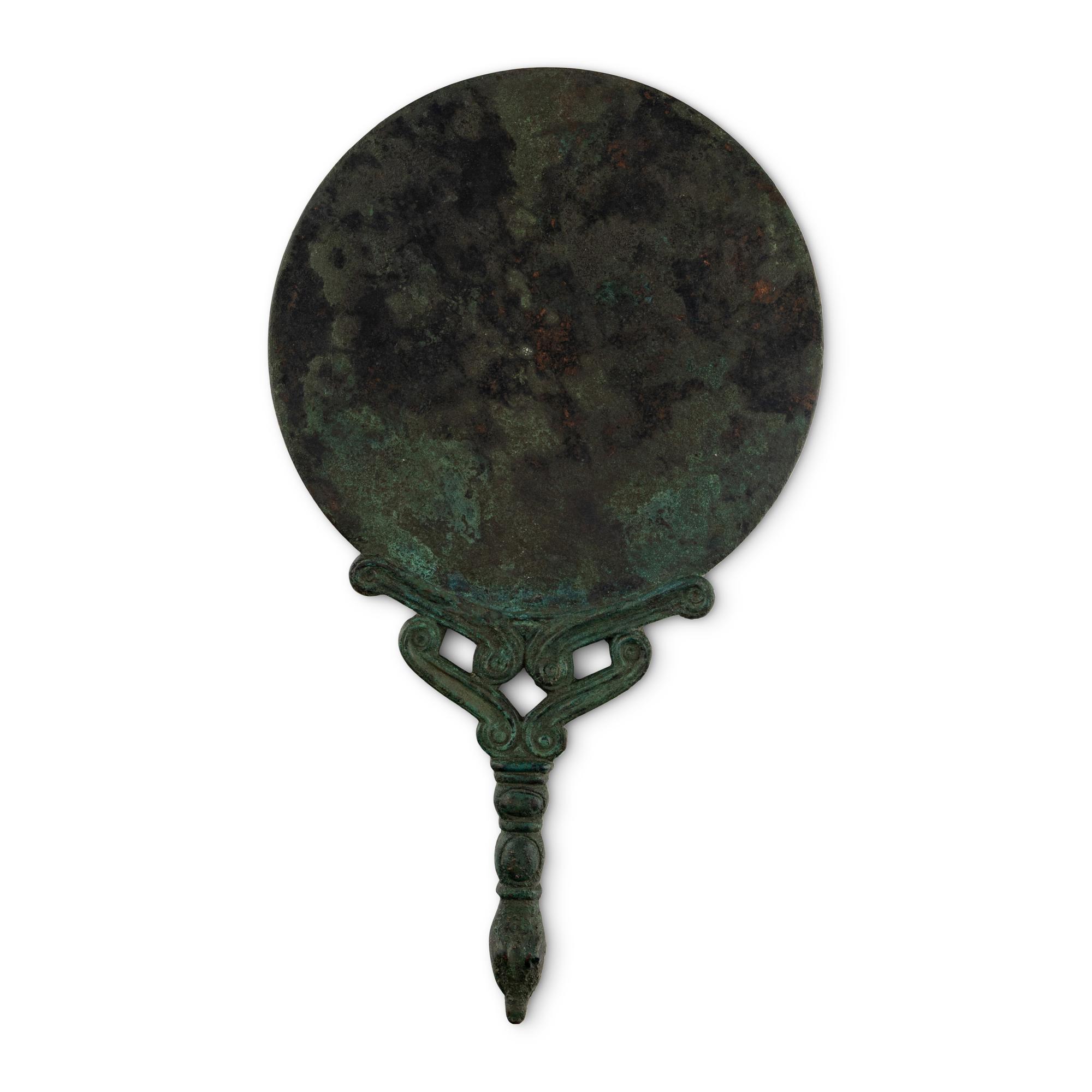 An Etruscan Style Bronze Mirror with Crocodile Handle