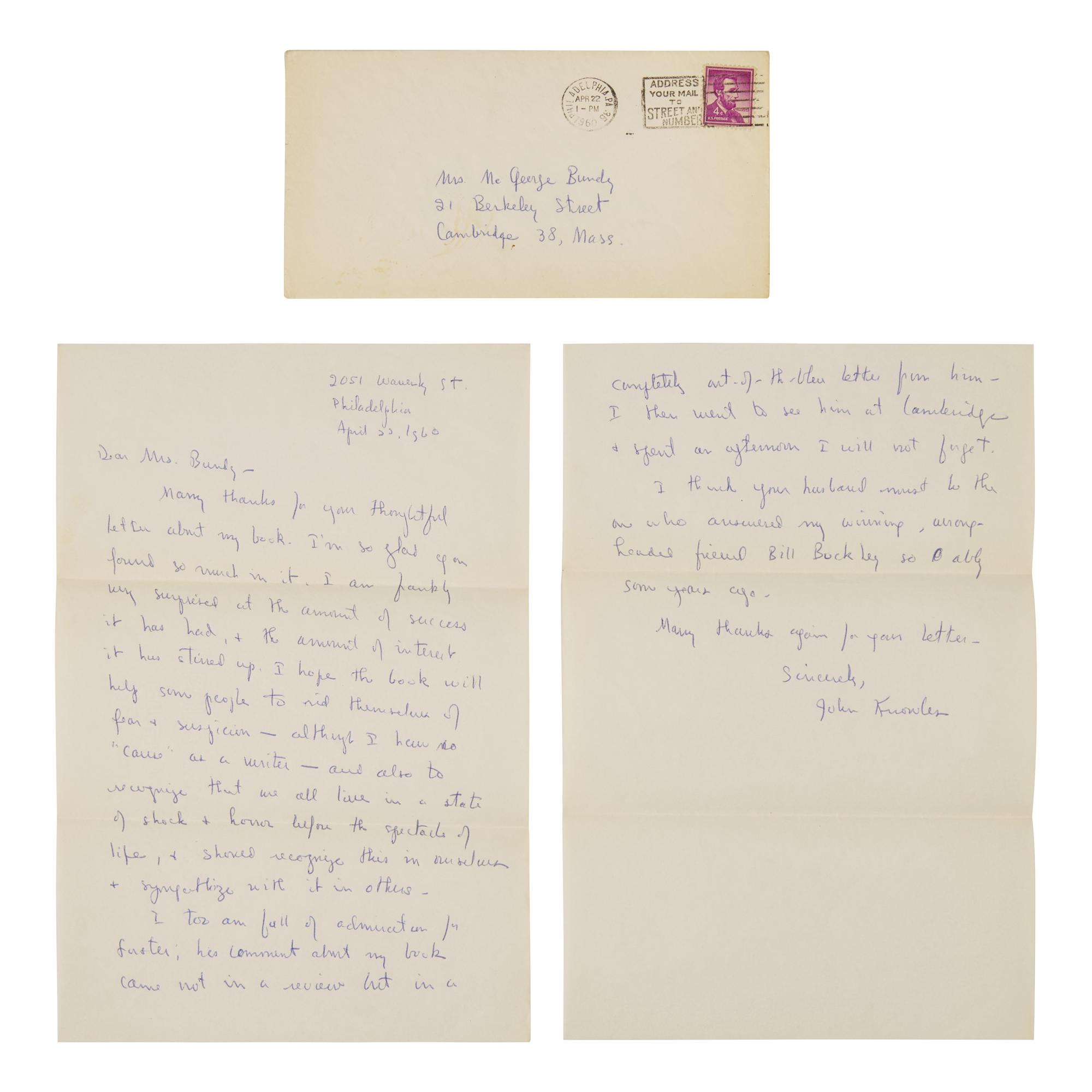 [Literature] Knowles, John. A Separate Peace, with an autograph letter, signed