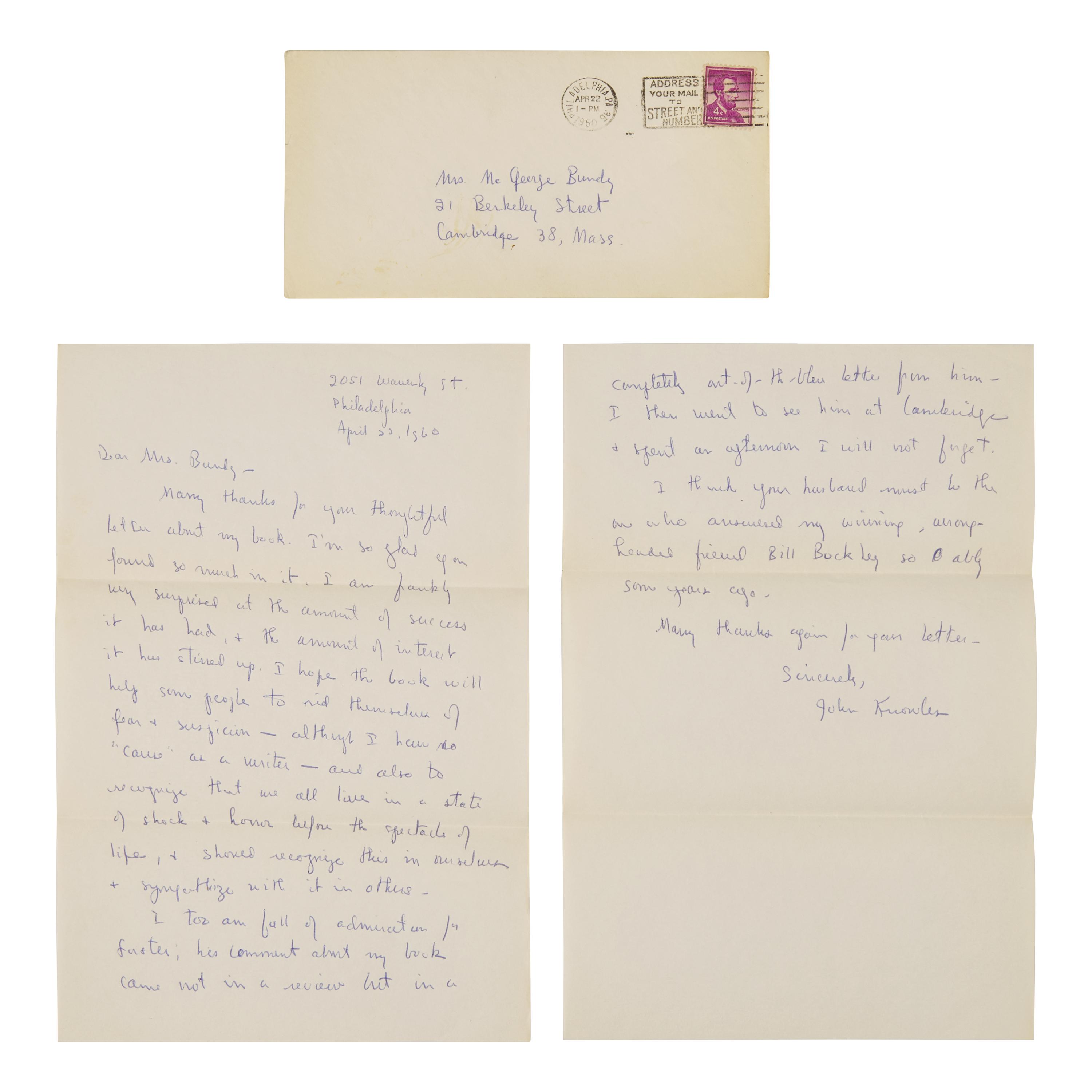 [Literature] Knowles, John. A Separate Peace, with an autograph letter, signed