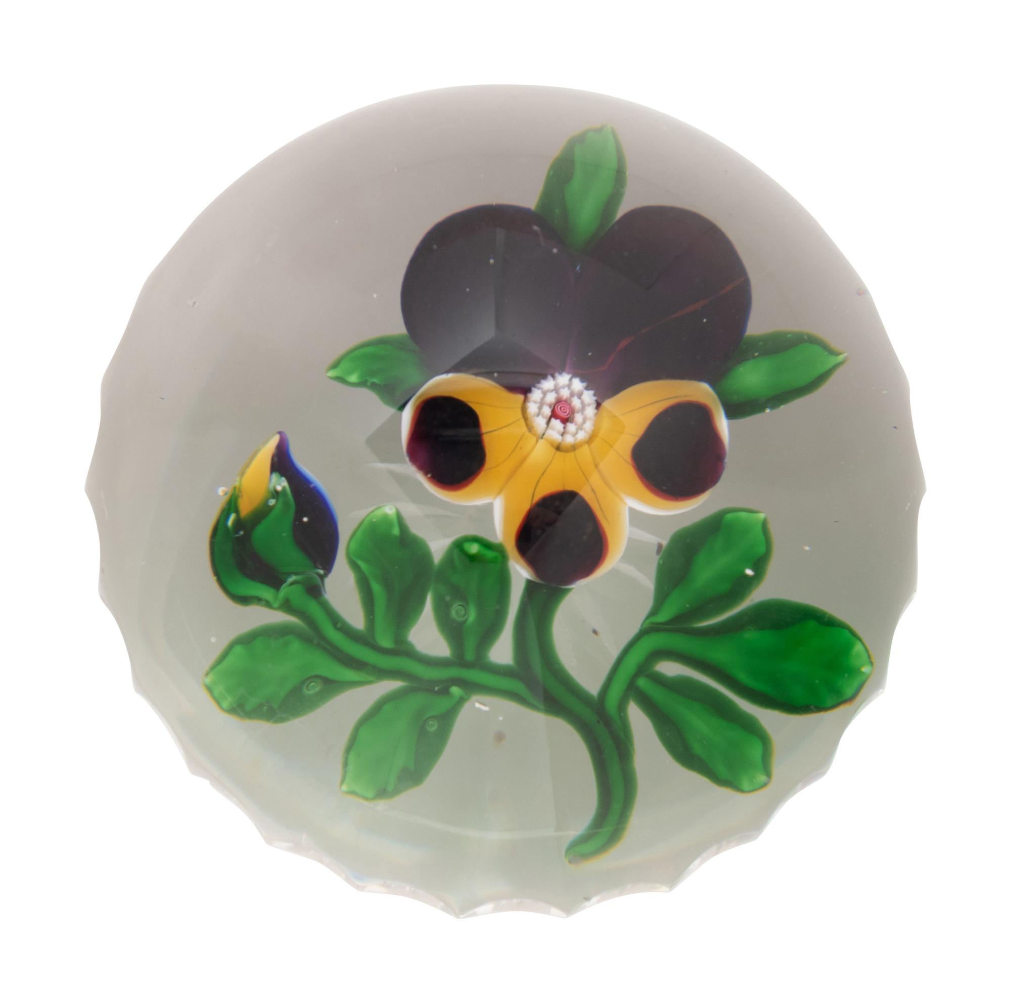 A Baccarat Pansy and Bud Faceted Glass Paperweight