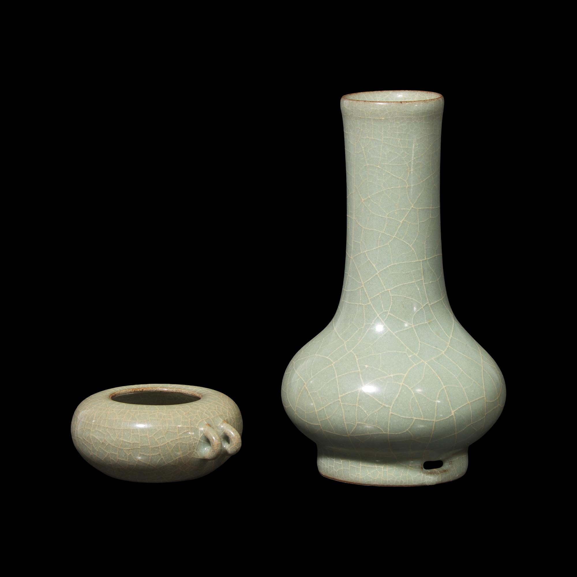 A Chinese Longquan Guan Type Celadon Vase and a Bird Feeder 龍泉青釉穿帶瓶及鳥食罐