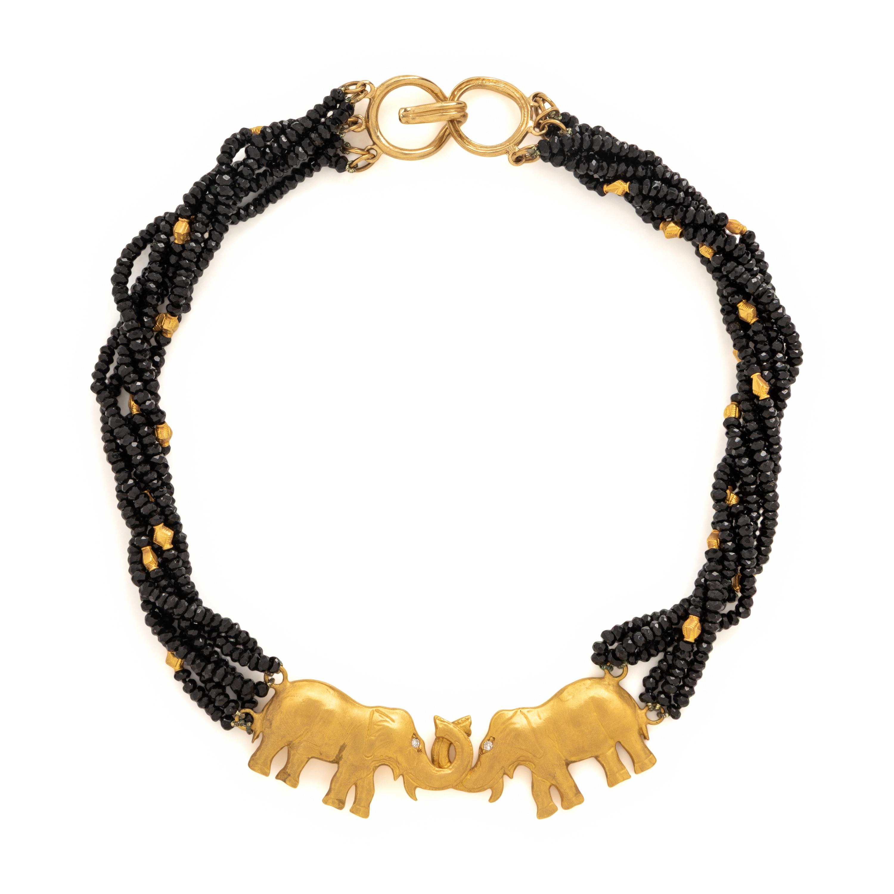 Black Onyx and Yellow Gold Elephant Beaded Necklace