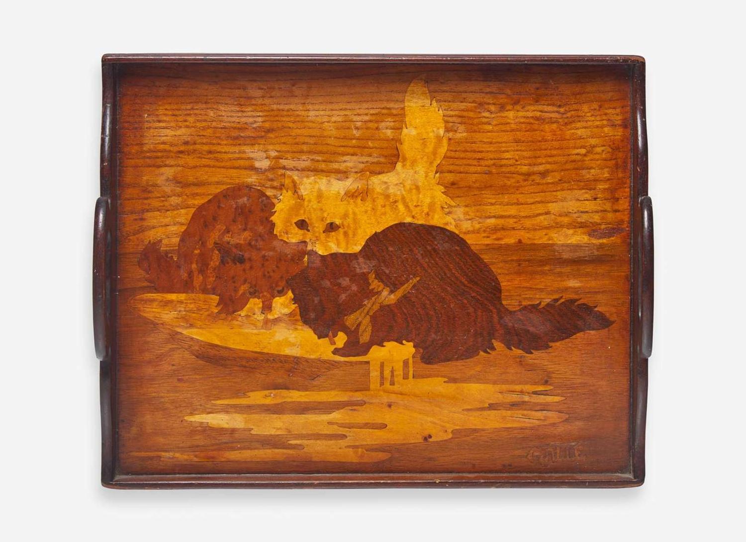 Émile Gallé, Marquetry Tray with Cats