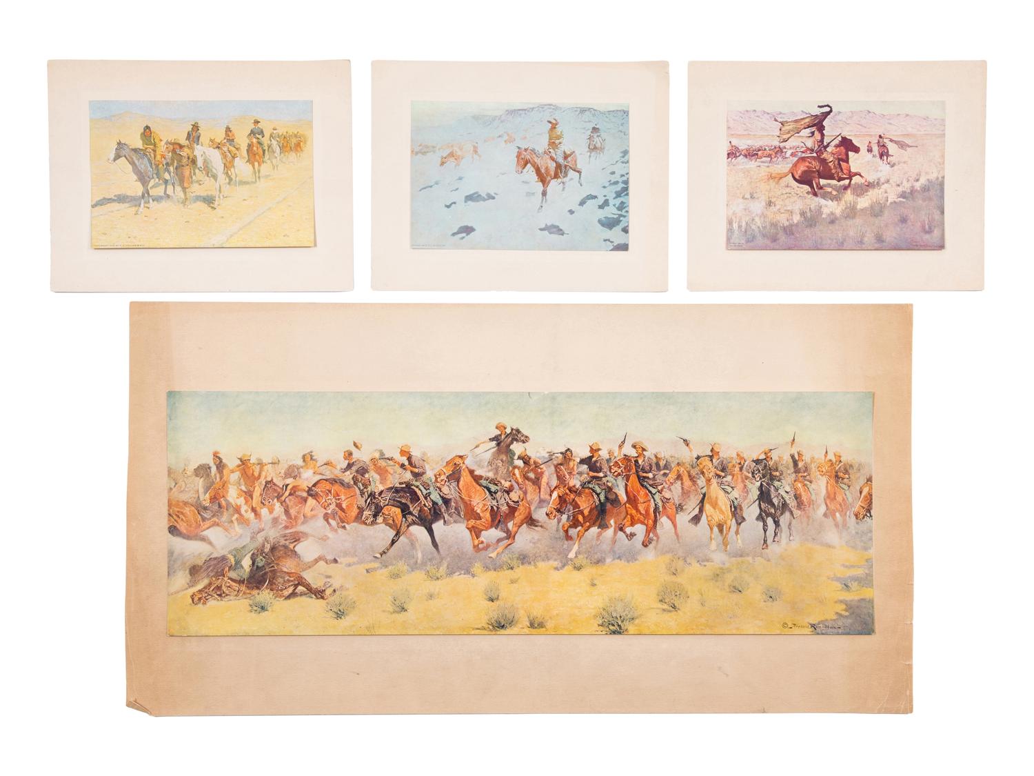 Collection of Prints, Posters and Postcards, including A Bunch of Buckskins portfolio cover, 18 reproductions of original Remington paintings and two original pages from A Bunch of Buckskins