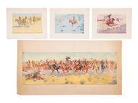 Collection of Prints, Posters and Postcards, including A Bunch of Buckskins portfolio cover, 18 reproductions of original Remington paintings and two original pages from A Bunch of Buckskins