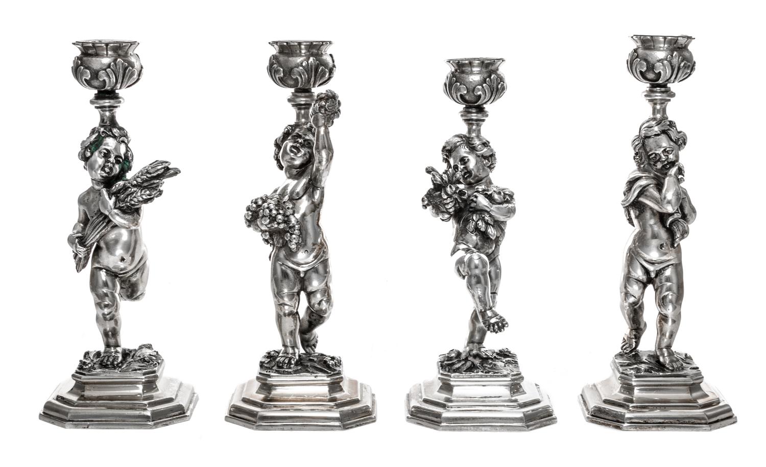 A Set of Four Italian Silver Figural Candlesticks, Ugo Bellini, Florence, 20th Century, each in the form of a putto allegorical of a se