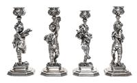 A Set of Four Italian Silver Figural Candlesticks, Ugo Bellini, Florence, 20th Century, each in the form of a putto allegorical of a se
