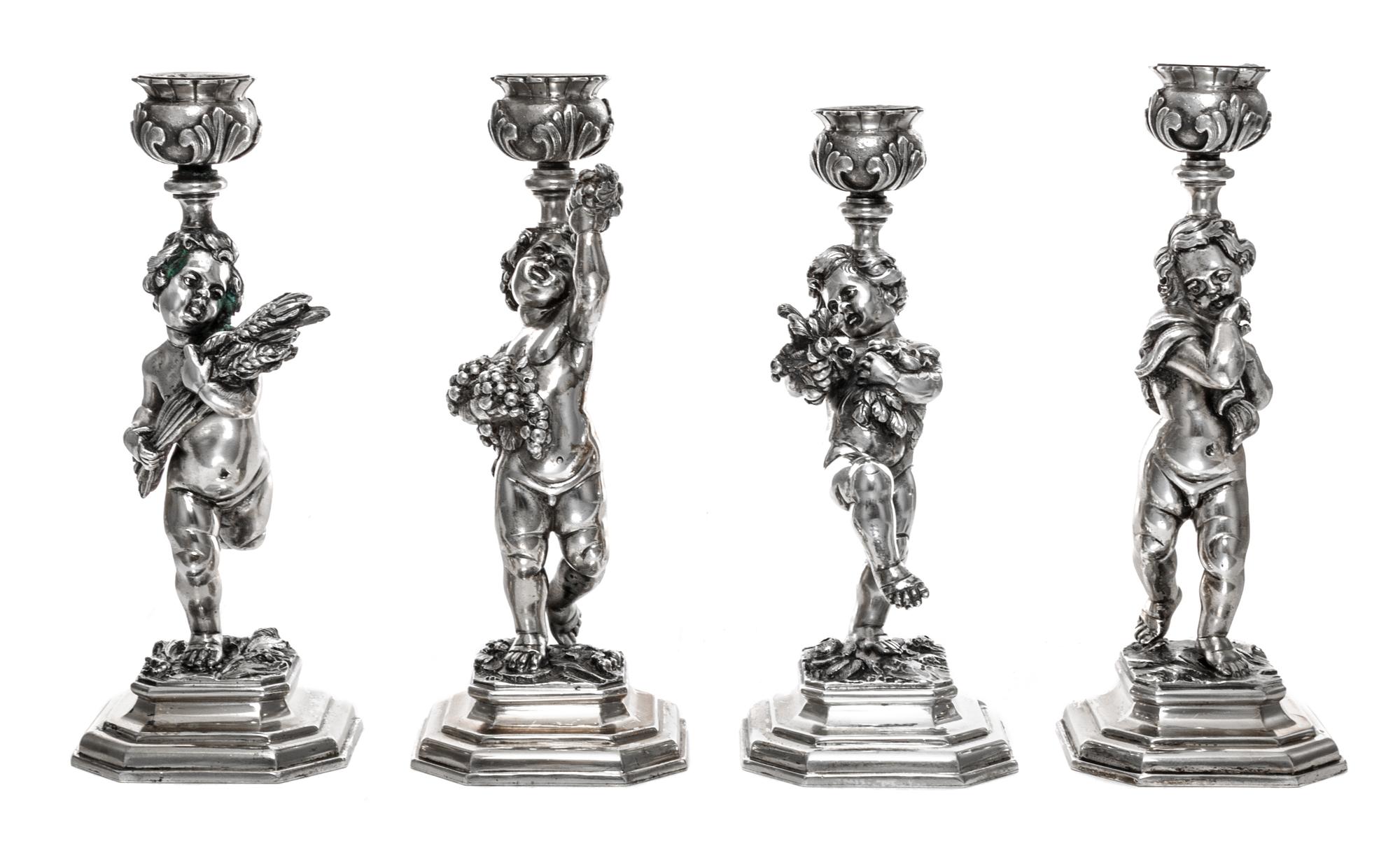 A Set of Four Italian Silver Figural Candlesticks, Ugo Bellini, Florence, 20th Century, each in the form of a putto allegorical of a se