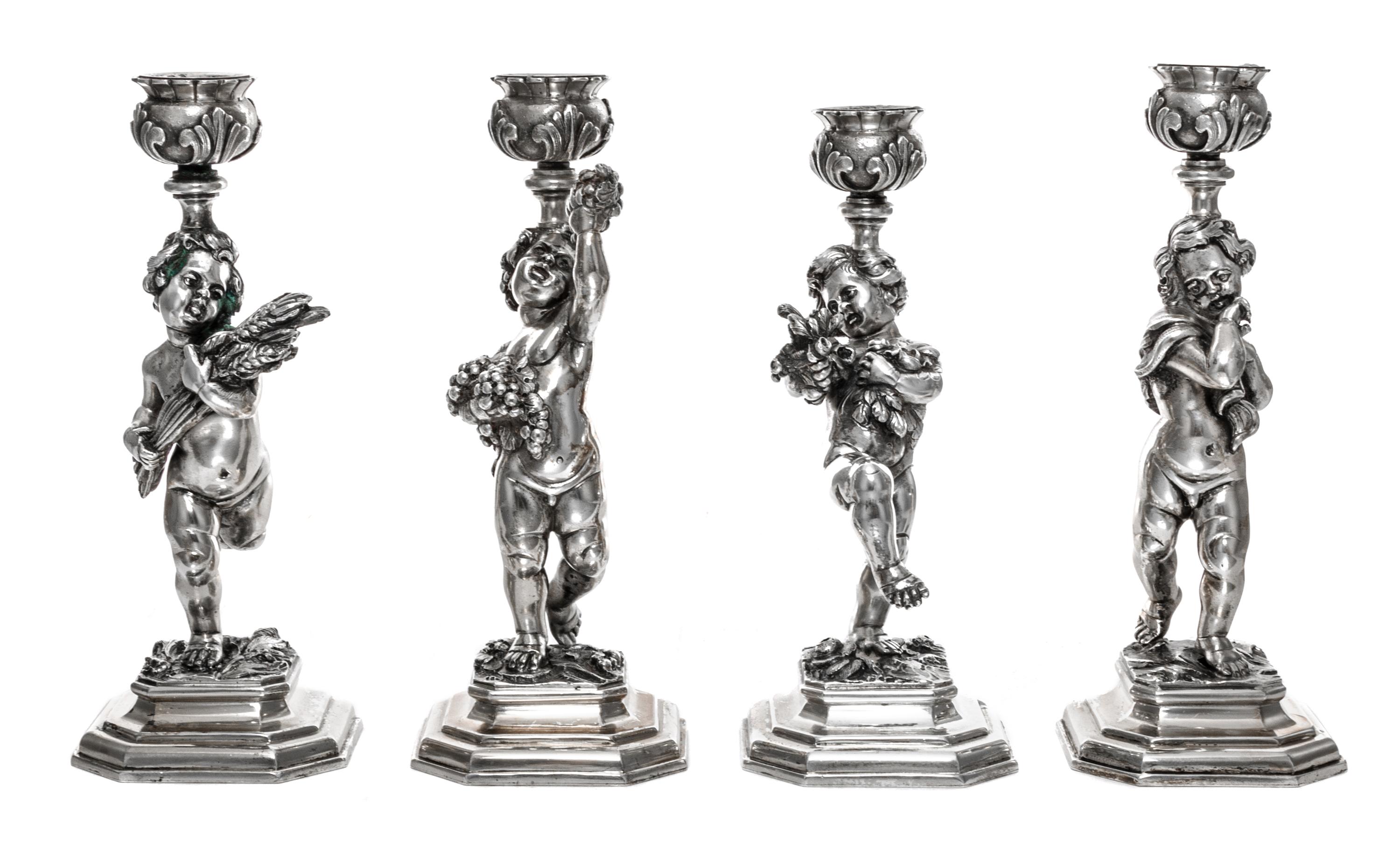 A Set of Four Italian Silver Figural Candlesticks, Ugo Bellini, Florence, 20th Century, each in the form of a putto allegorical of a se