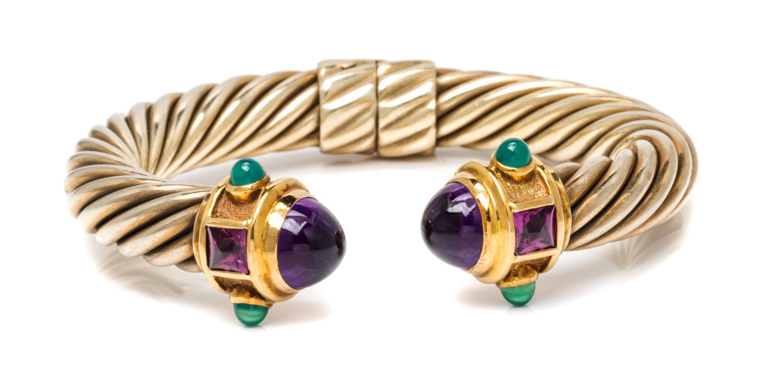A Sterling Silver, 14 Karat Yellow Gold, Amethyst and Green Onyx 'Renaissance' Bracelet, David Yurman, 27.20 dwts.