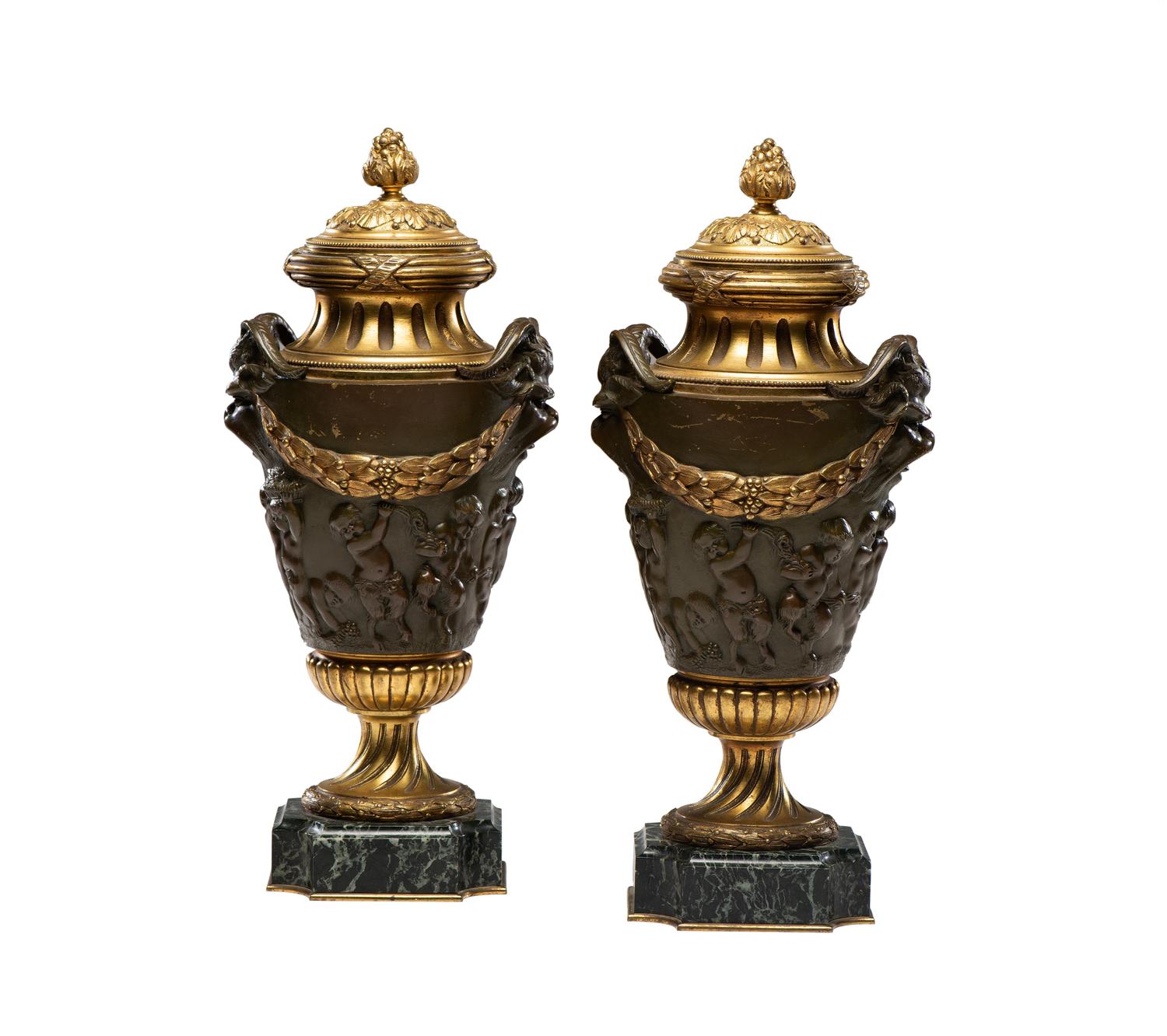 A Pair of Neoclassical Gilt and Patinated Bronze Urns