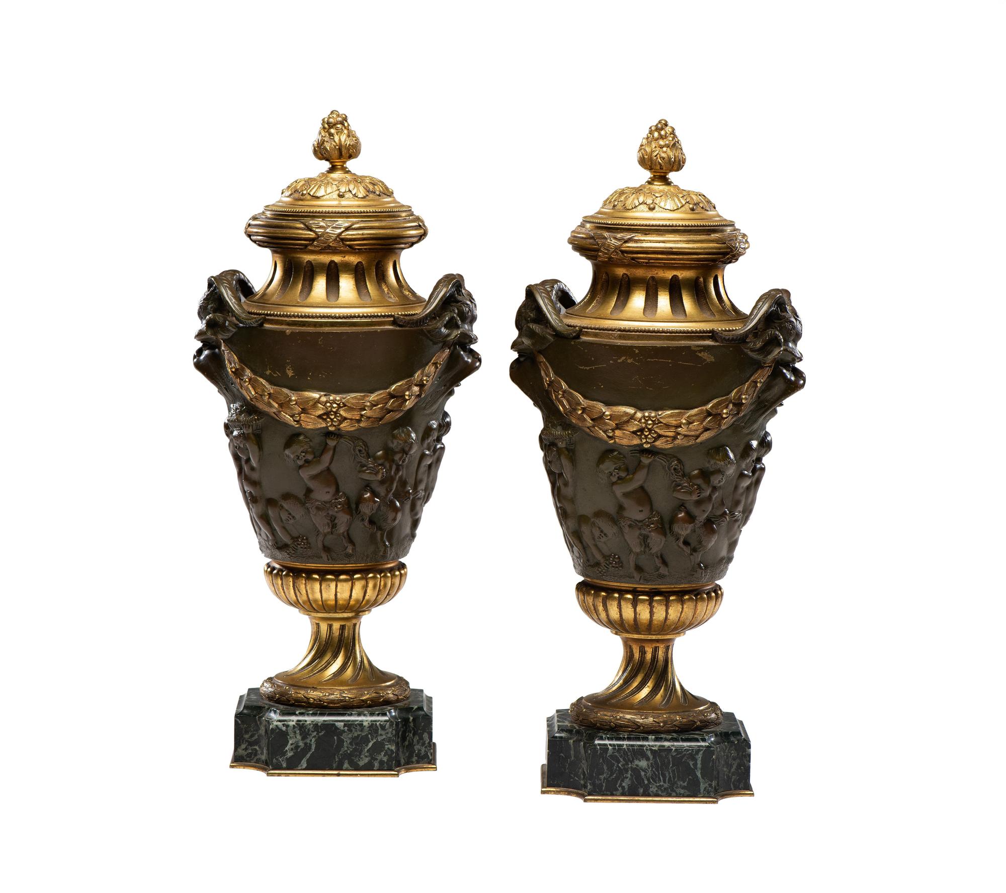 A Pair of Neoclassical Gilt and Patinated Bronze Urns