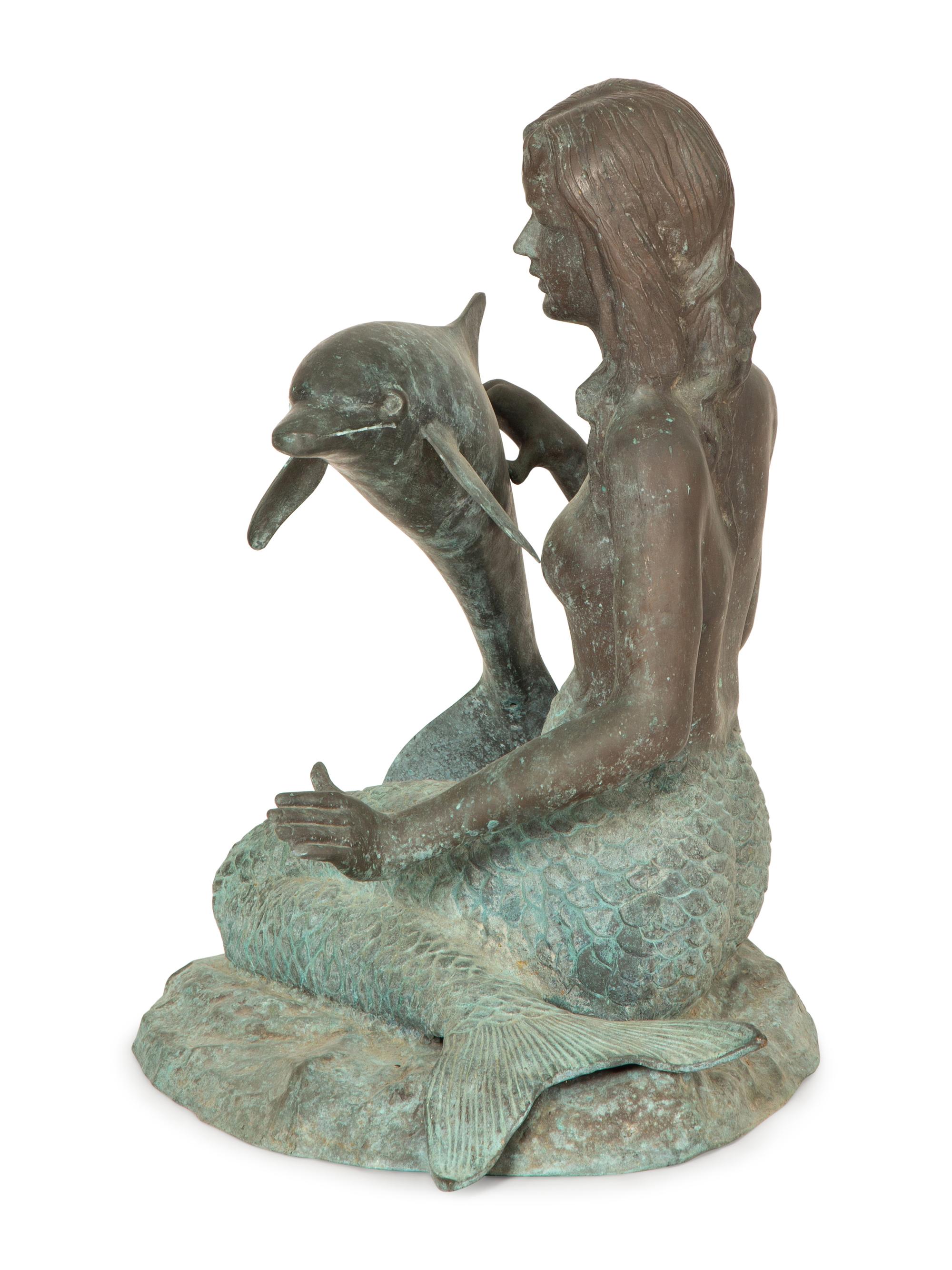 A Chinese Bronze Sculpture of a Mermaid with Dolphin