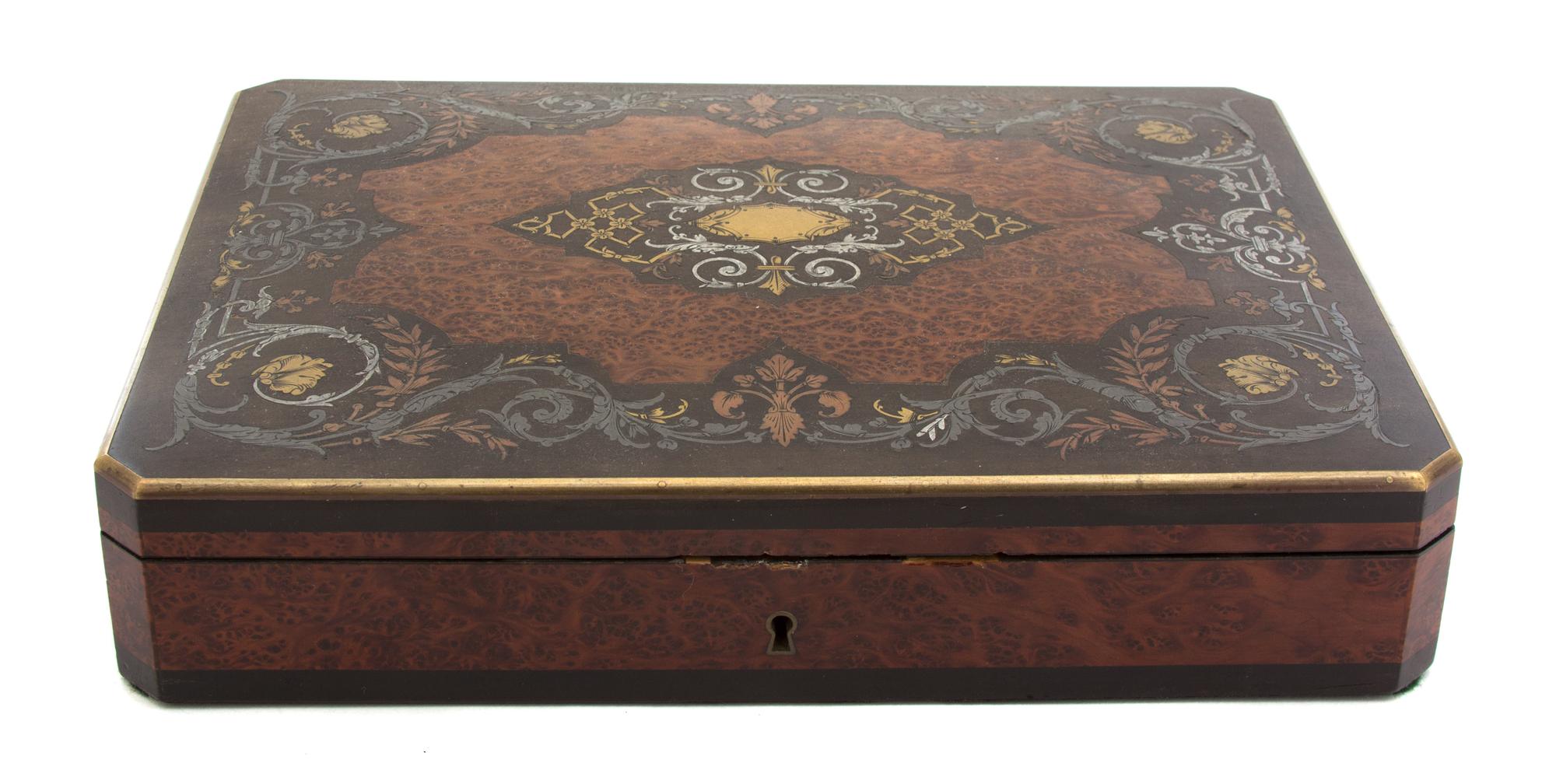 A French Brass and Silver Inlaid Burlwood Games Box Height 2 1/4 x width 12 x depth 9 inches. — 19TH CENTURY