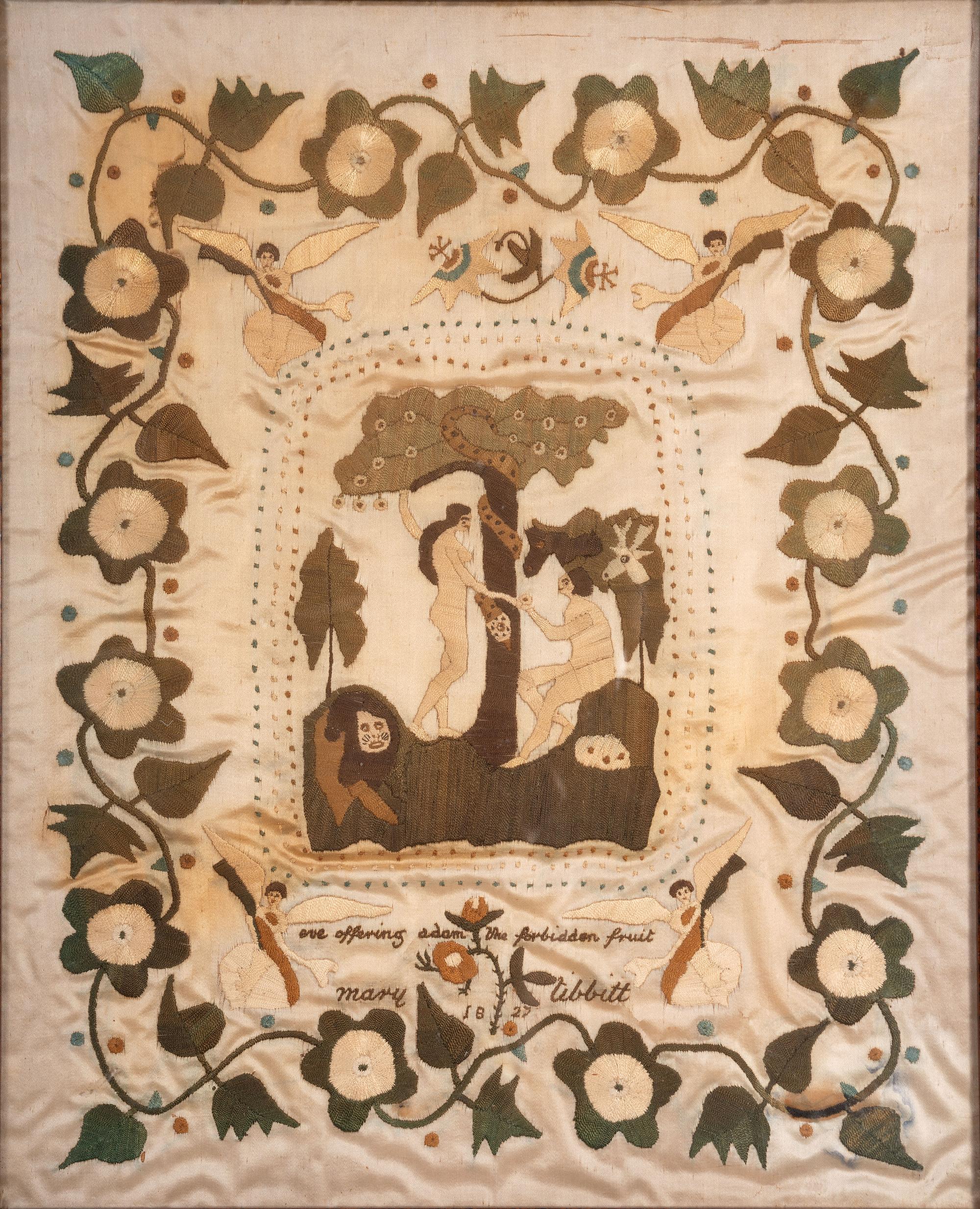 A Silkwork Embroidered Picture of the Temptation of Adam and Eve, Wrought by Mary Tibbitt