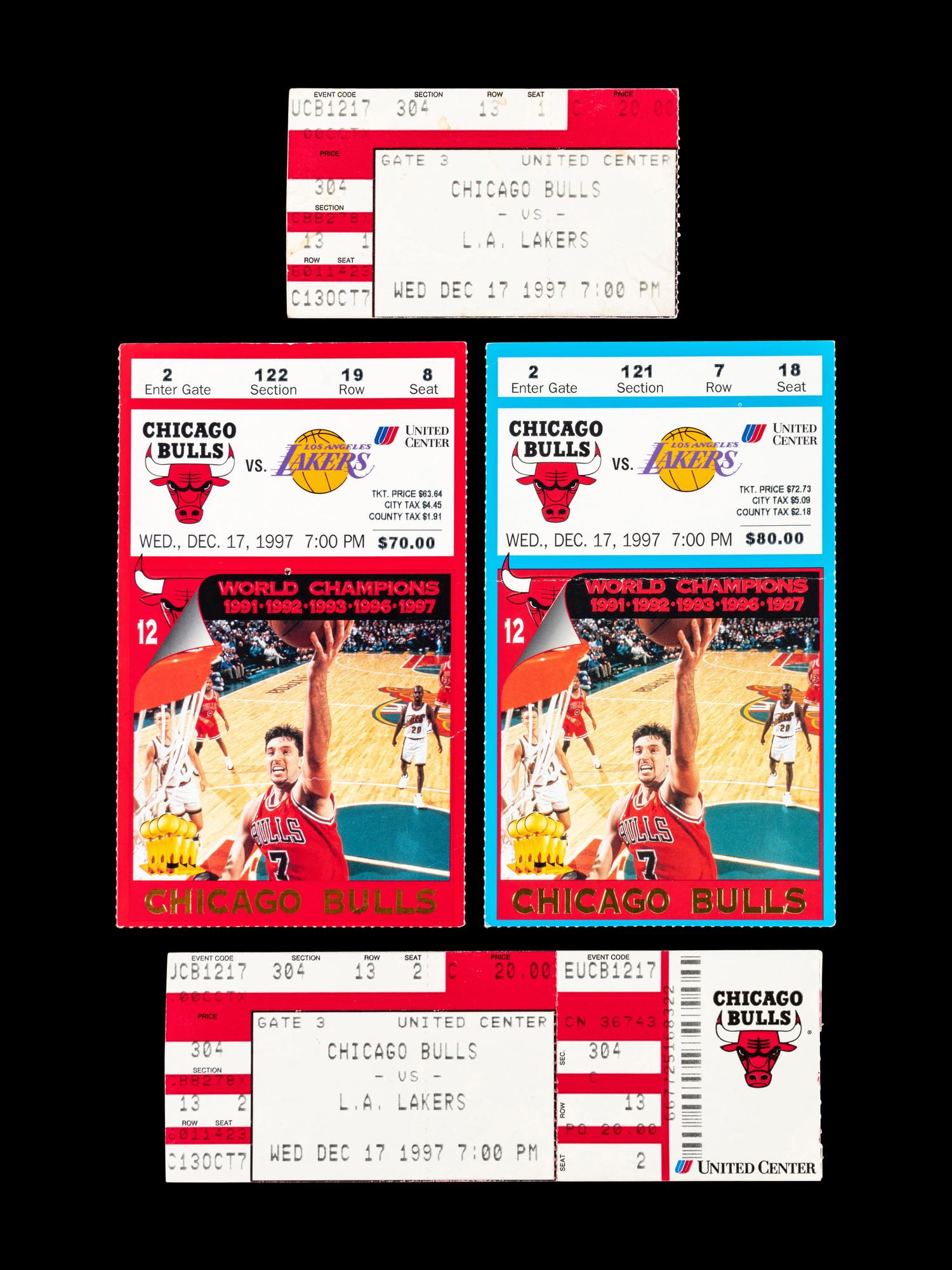 A Group of Four Important December 17, 1997 Chicago Bulls vs. Los Angeles Lakers Tickets from Michael Jordan vs Kobe Bryant Duel (Jordan 36 Points - Kobe 33 Points),
