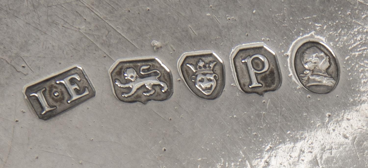 A Pair of George III Silver Salvers, John Edwards III, London, 1790, each centered by an engraved armorial shield surmounted by dragon