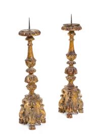 A Pair of Italian Ecclesiastical Giltwood Candlesticks, Height 17 1/8 inches.