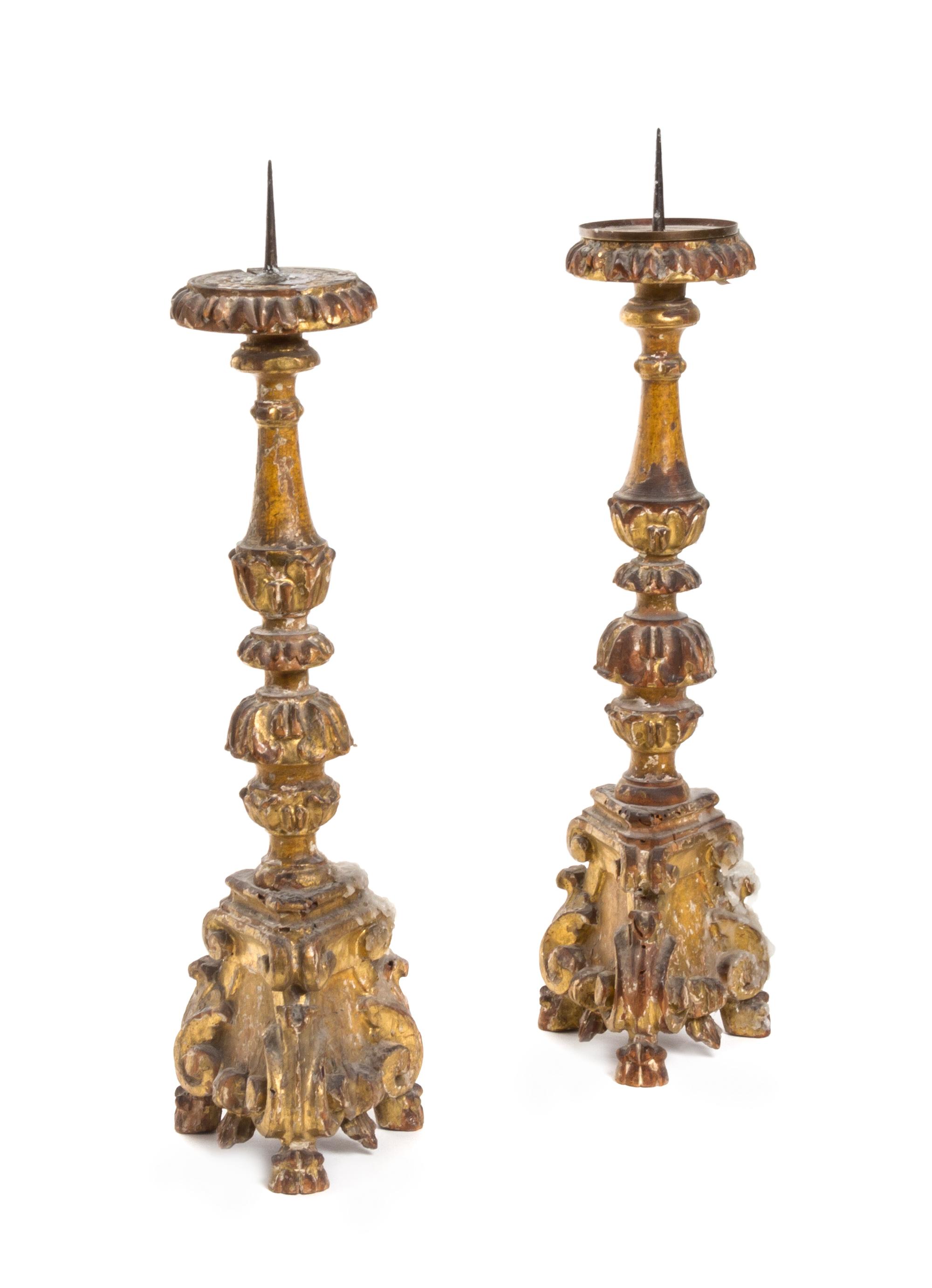 A Pair of Italian Ecclesiastical Giltwood Candlesticks, Height 17 1/8 inches.