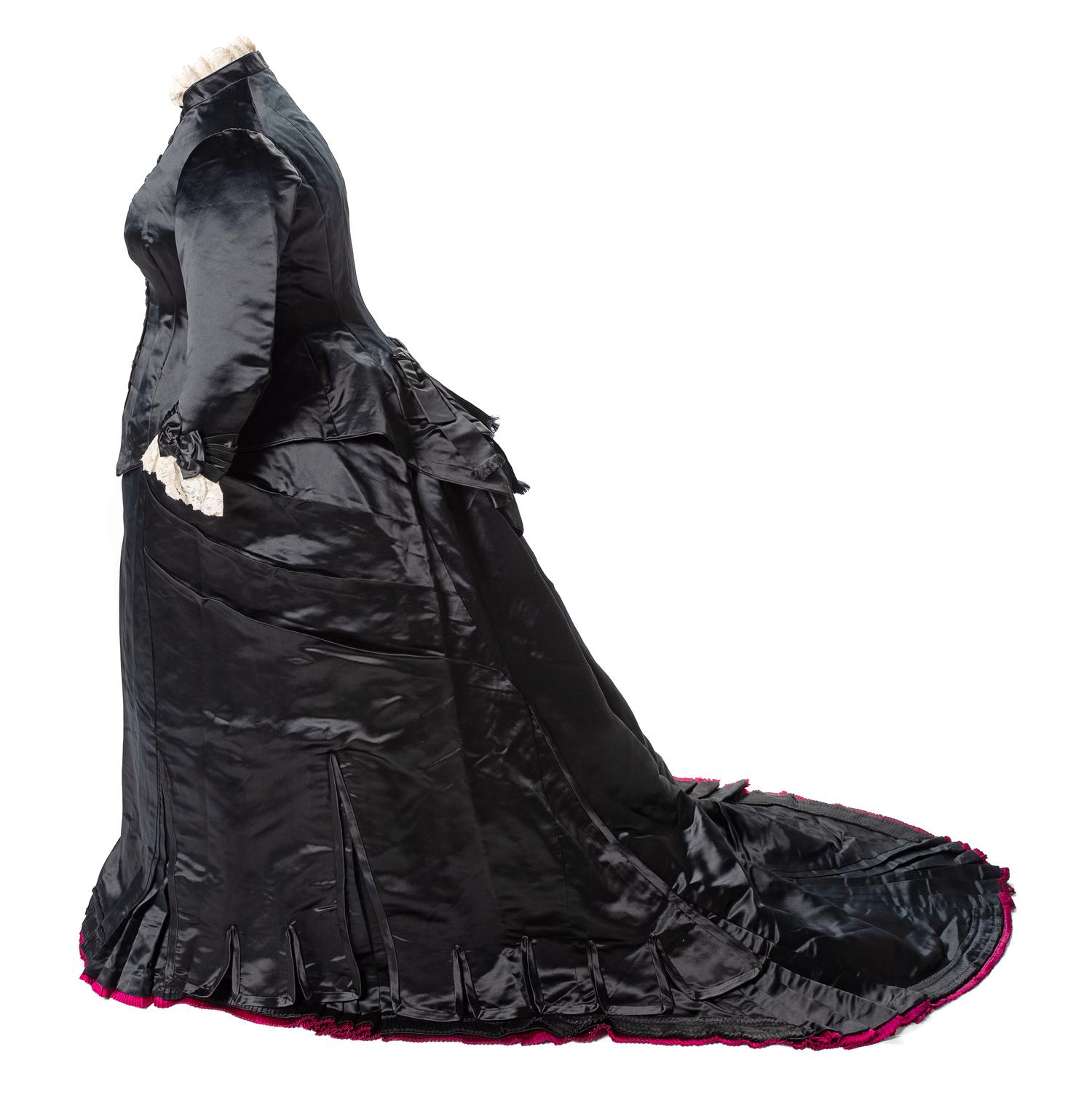 Emile Pingat Two-Piece Large Black Silk Satin Bustle Dress, 1870s Haute Couture No size label