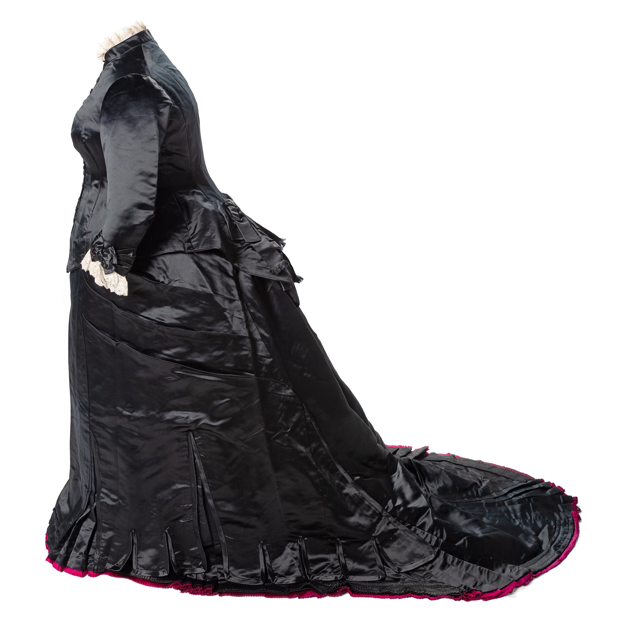 Emile Pingat Two-Piece Large Black Silk Satin Bustle Dress, 1870s Haute Couture No size label