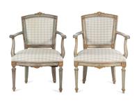 A Pair of Venetian Painted and Parcel Gilt Armchairs