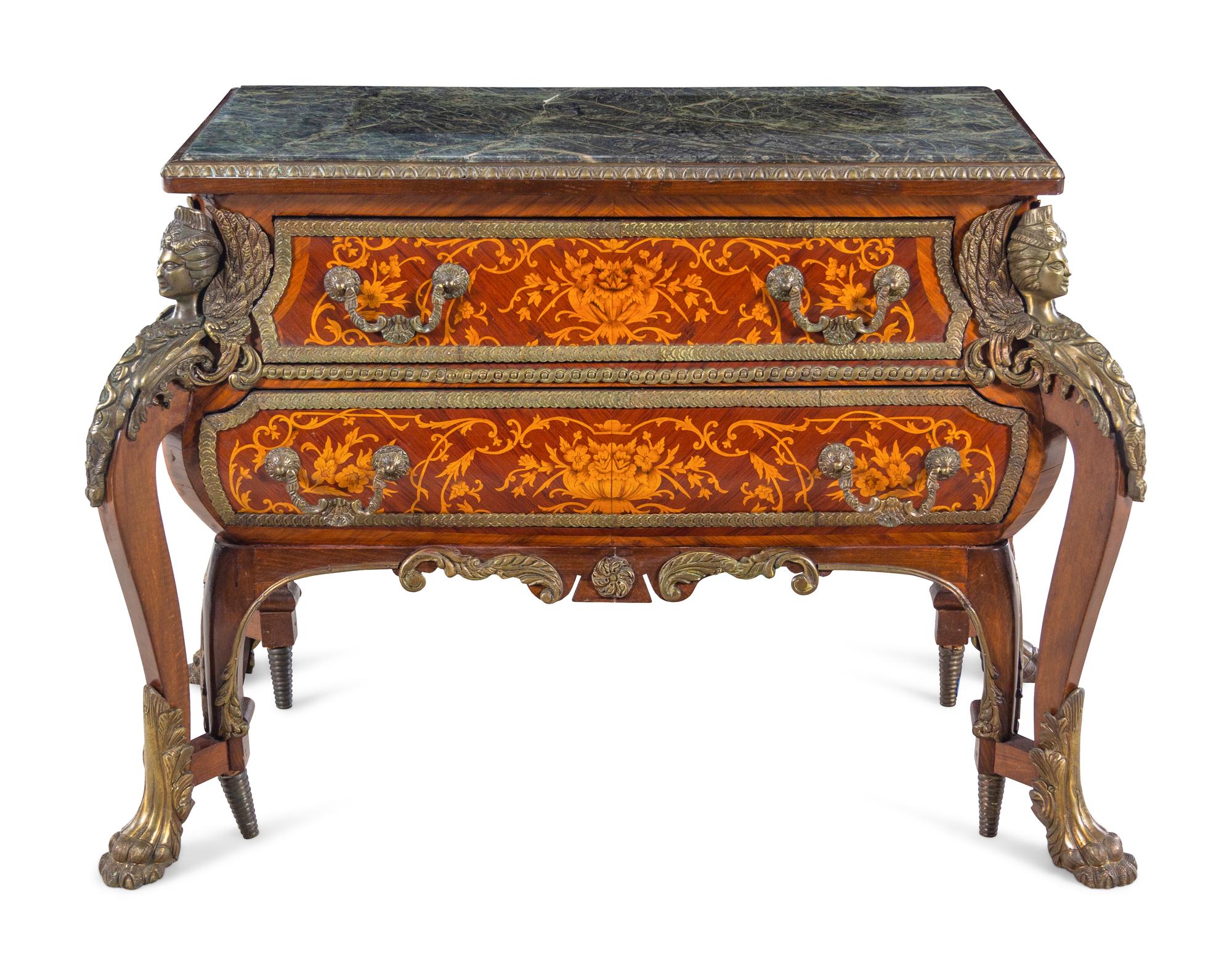 A Louis XIV Style Gilt Bronze Mounted Marquetry Marble-Top Commode After the Model by André-Charles Boulle