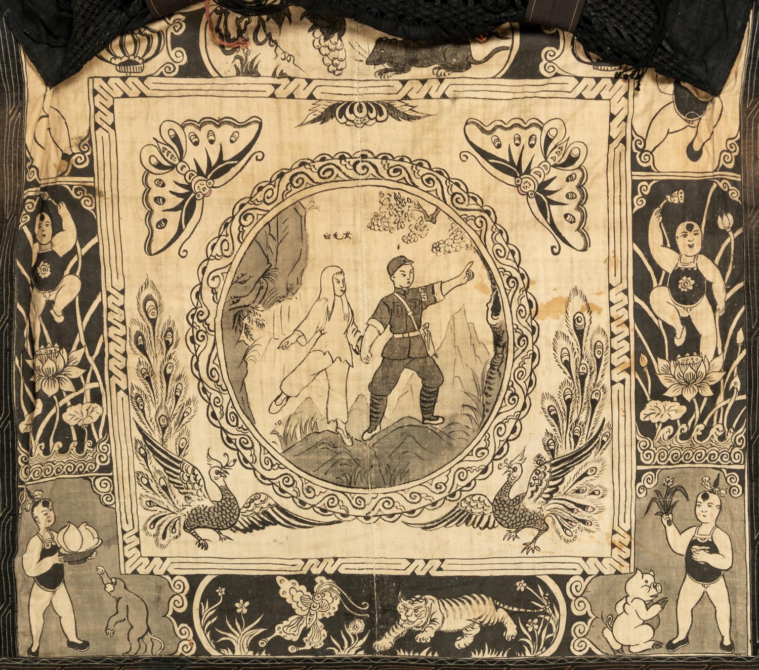Four Chinese Painted Textile 'Wedding' Panels